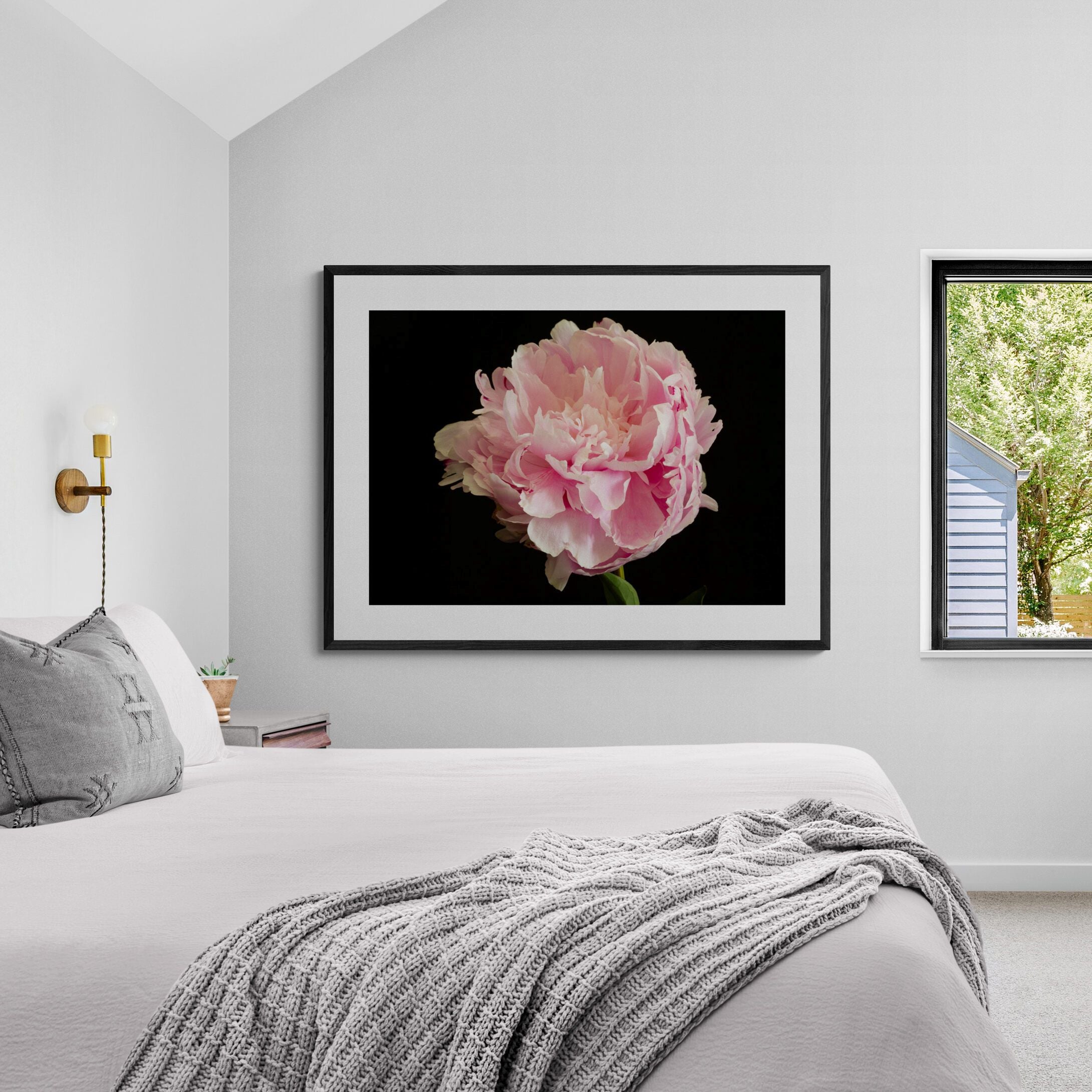 Sarah Bernhardt Pink Peony Print in bedroom by Kirsten Clark Art