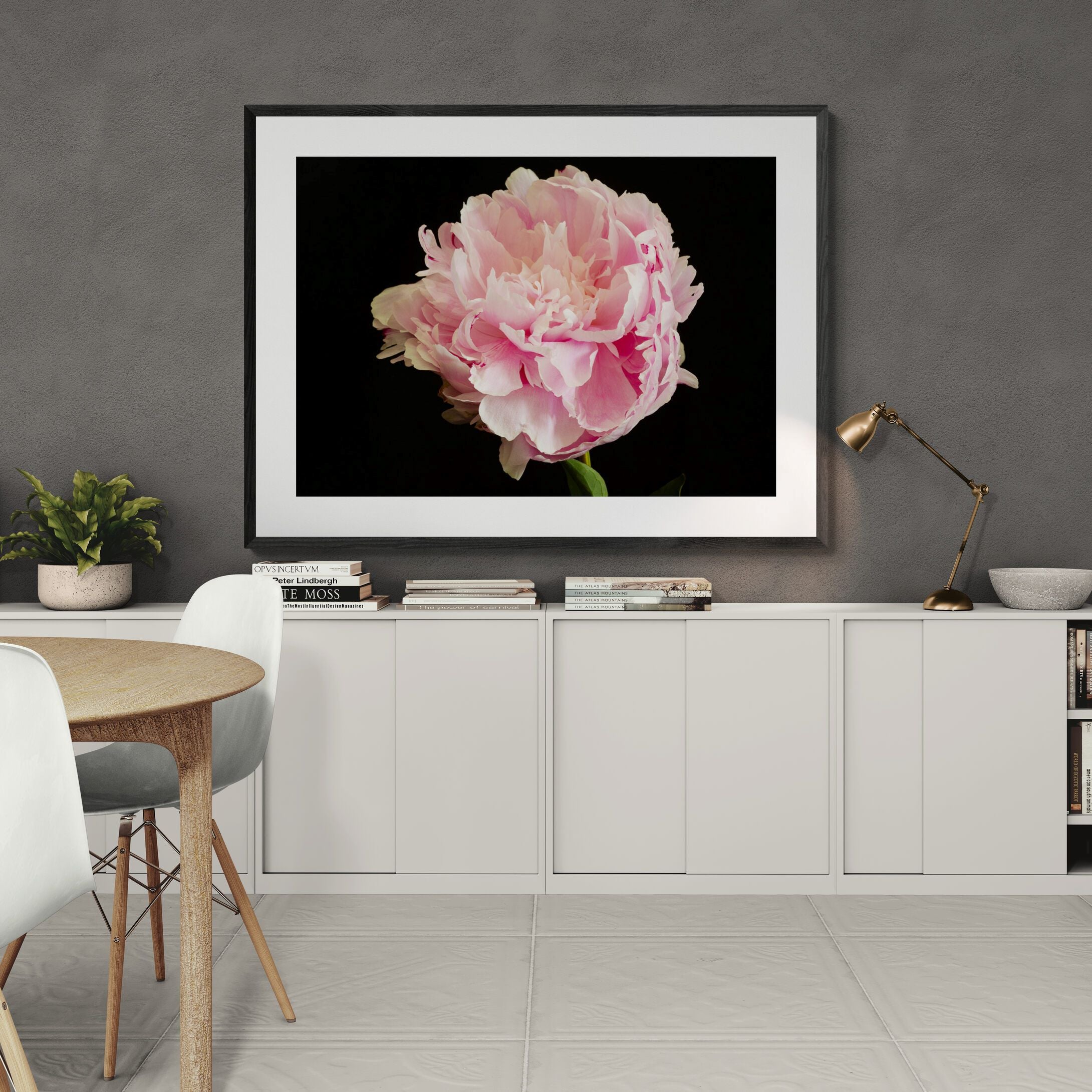 Sarah Bernhardt Pink Peony Print in dining area by Kirsten Clark