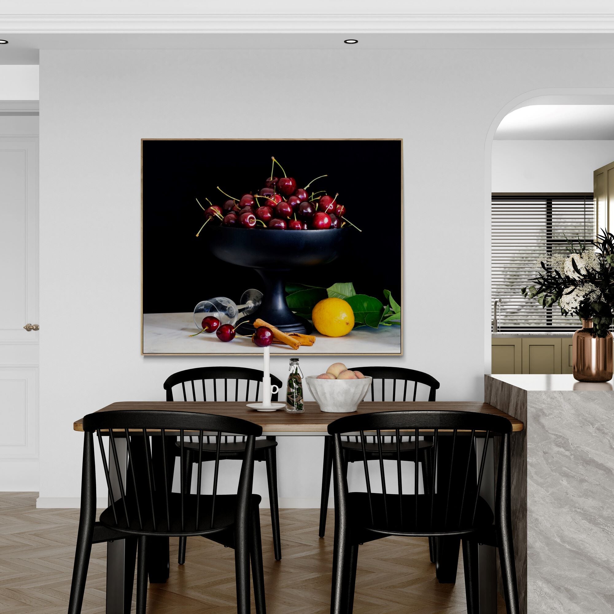 Still Life Bowl of Cherries Canvas Print in Dining room by Kirsten Clark Art