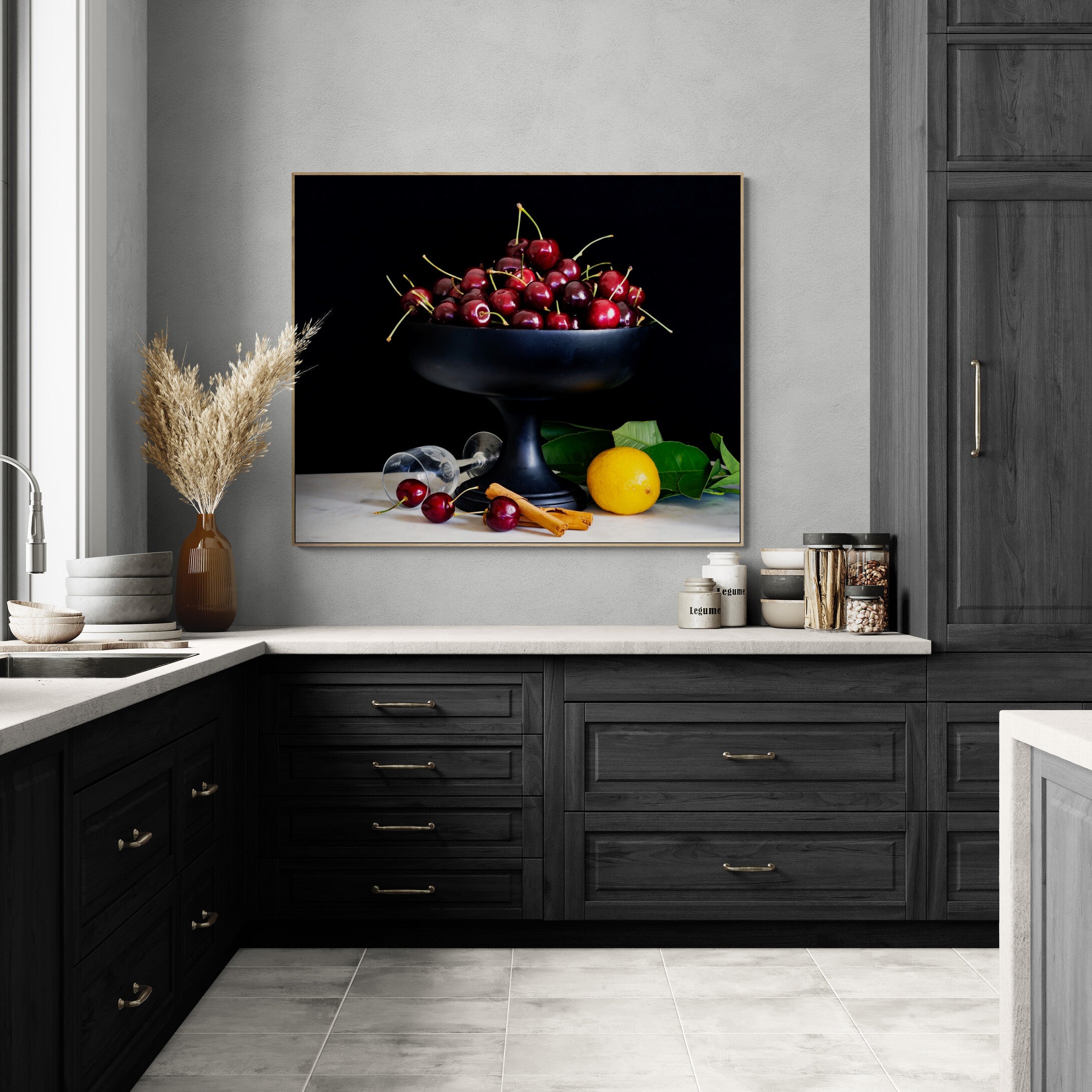 Still Life Bowl of Cherries Canvas Print oak frame by Kirsten Clark art