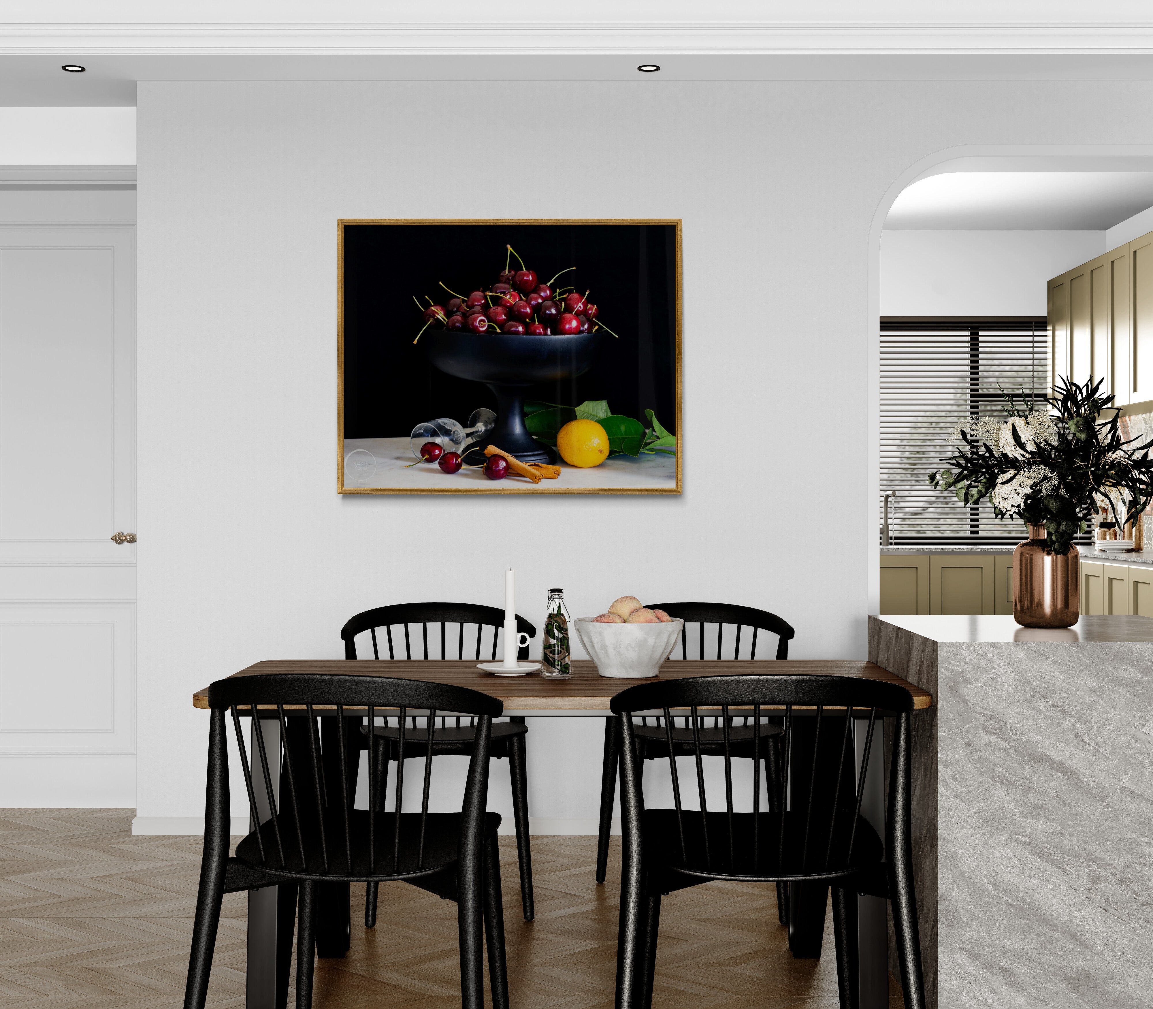 Still Life Bowl of Cherries Print artwork in kitchen dining space