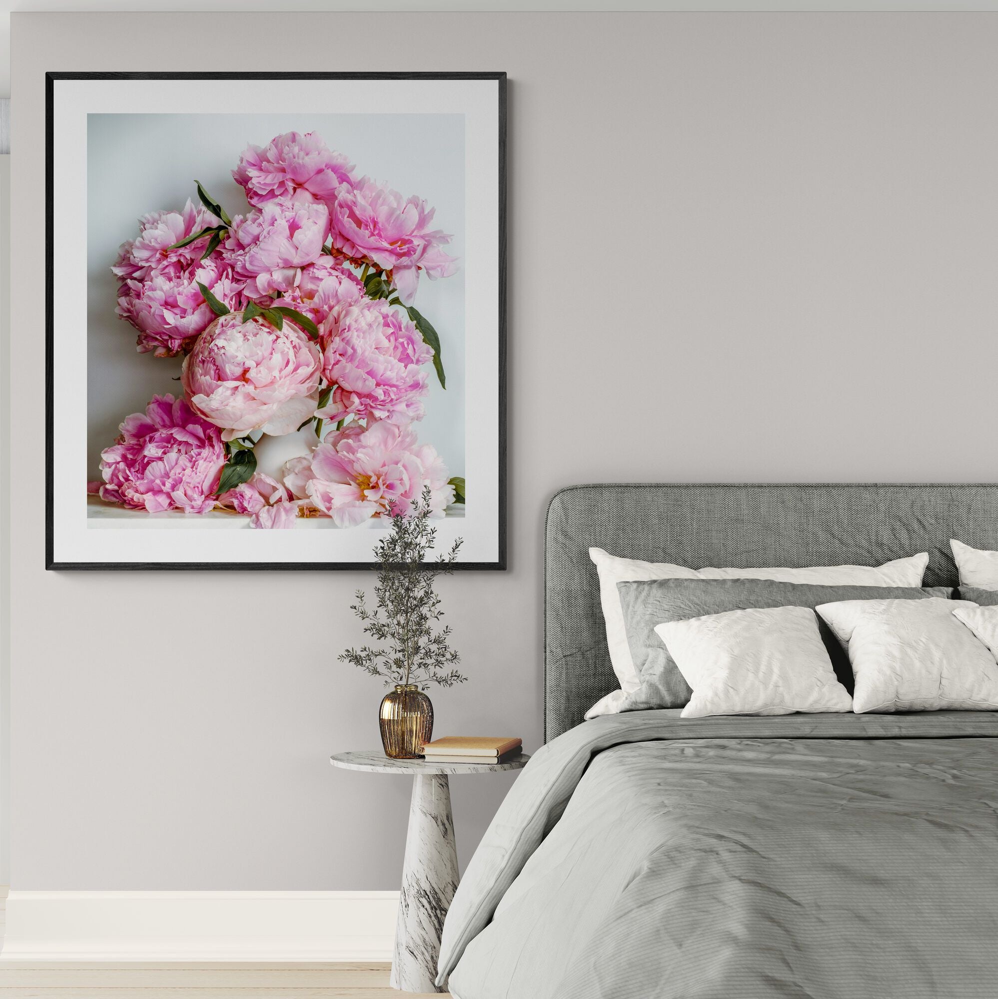 Still Life Pink Peonies Print in bedroom by Kirsten Clark Art