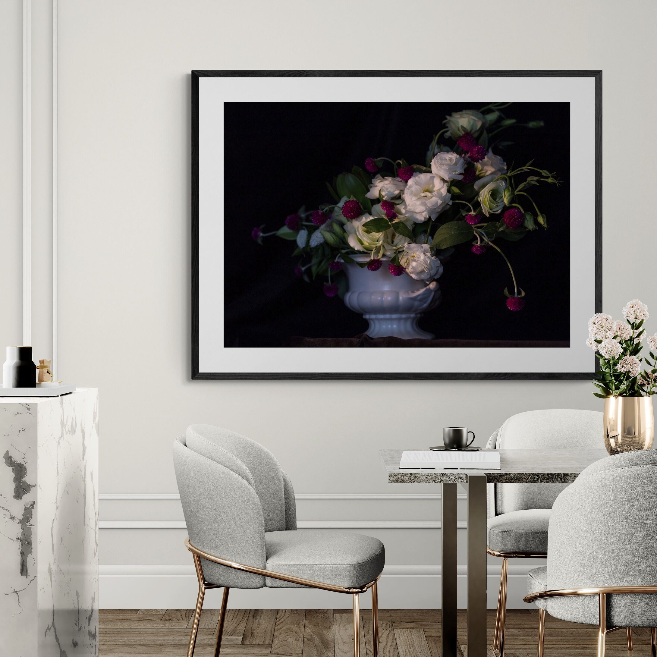 Still Life White & Crimson floral print in elegant dining room by Kirsten Clark Art