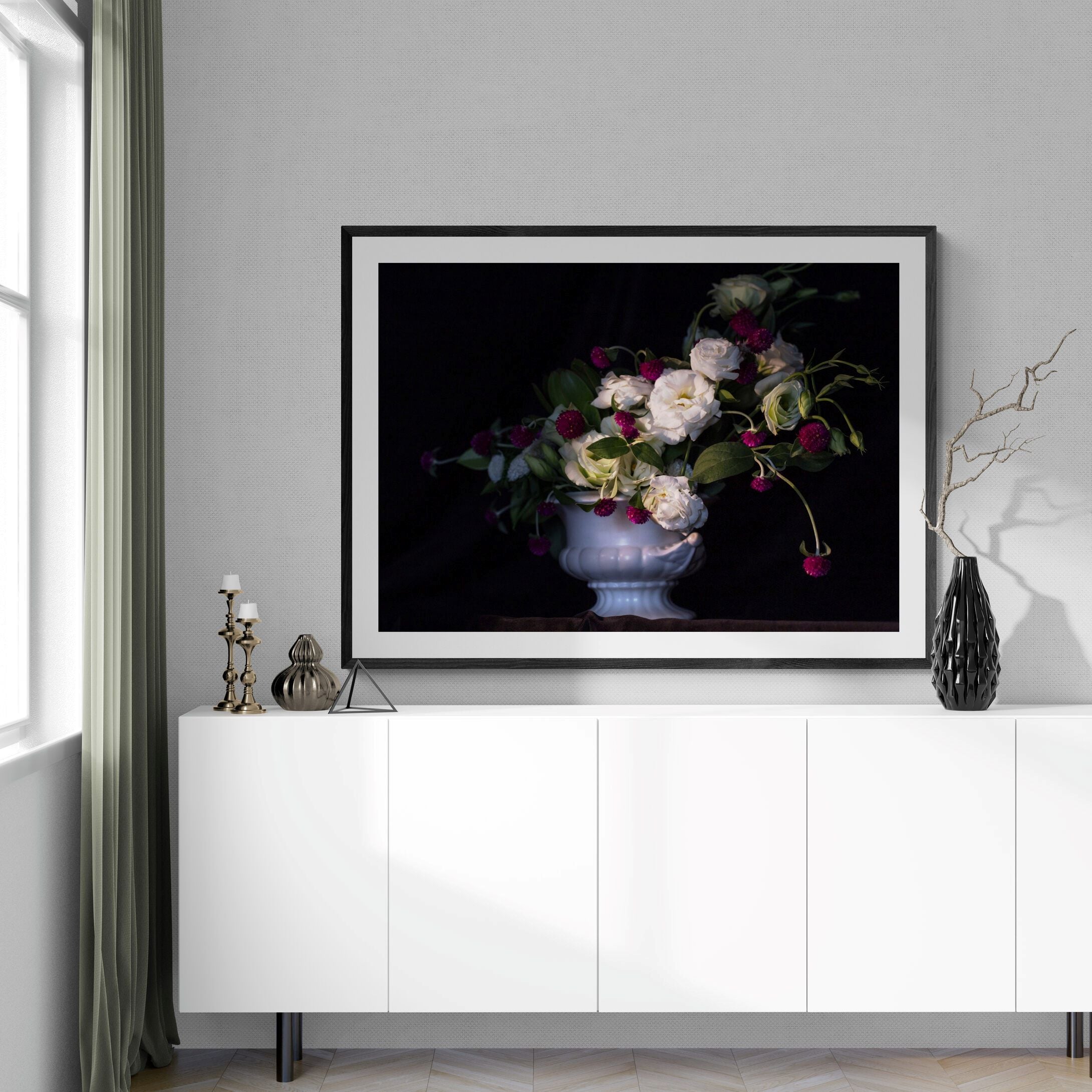 Still Life White & Crimson flowers print framed above console by Kirsten Clark Art