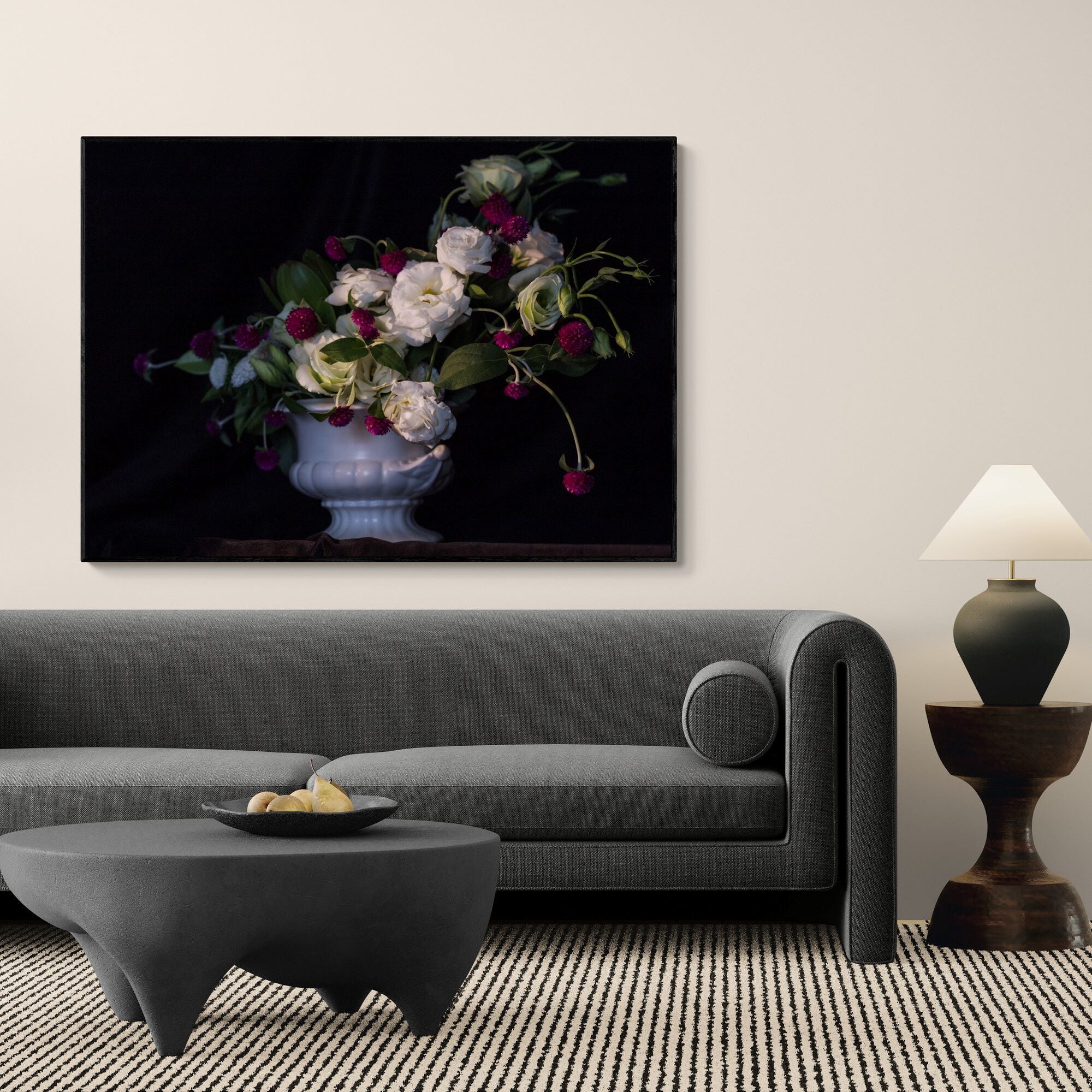 Still life White Crimson Flower Canvas Print in living room by Kirsten Clark Art