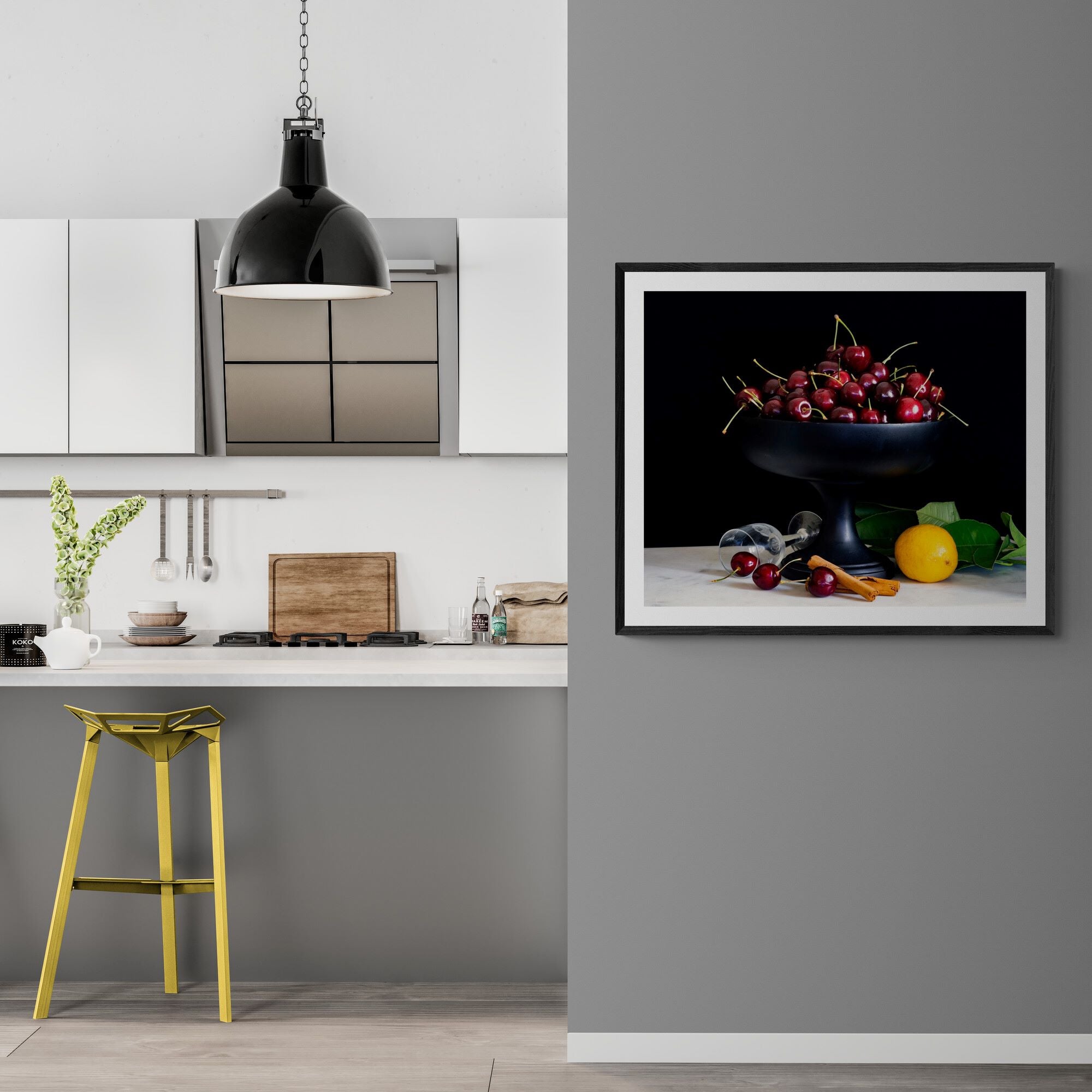 Still life bowl of cherries in modern-kitchen by Kirsten Clark Art