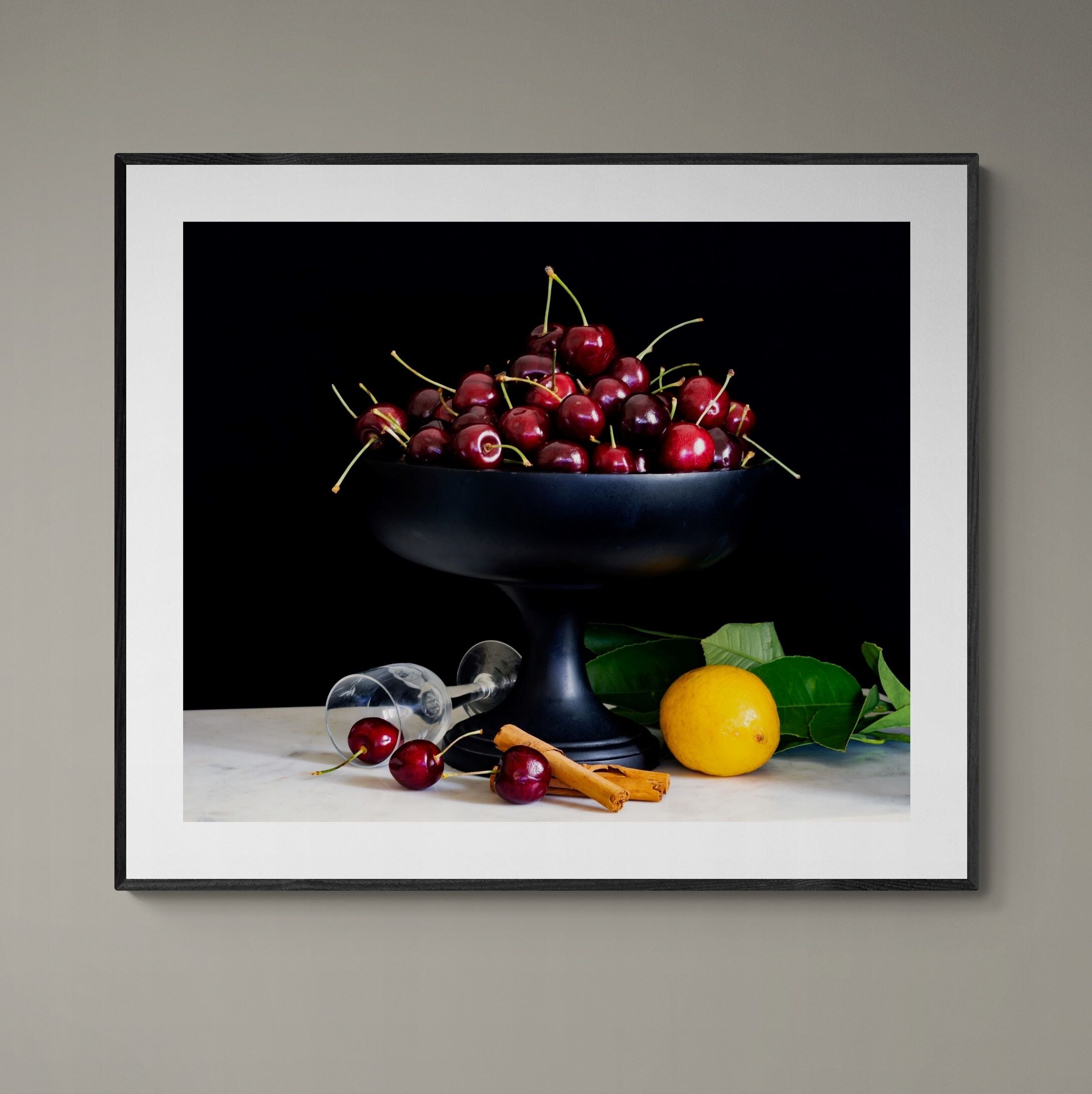 Still life cherries in a bowl print framed on wall by Kirsten Clark Art
