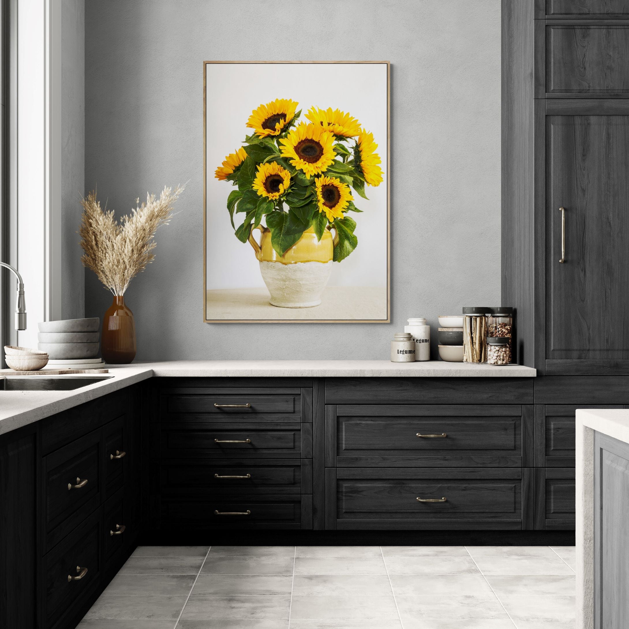 Sunflowers in an Urn Canvas Print in kitchen by Kirsten Clark Art