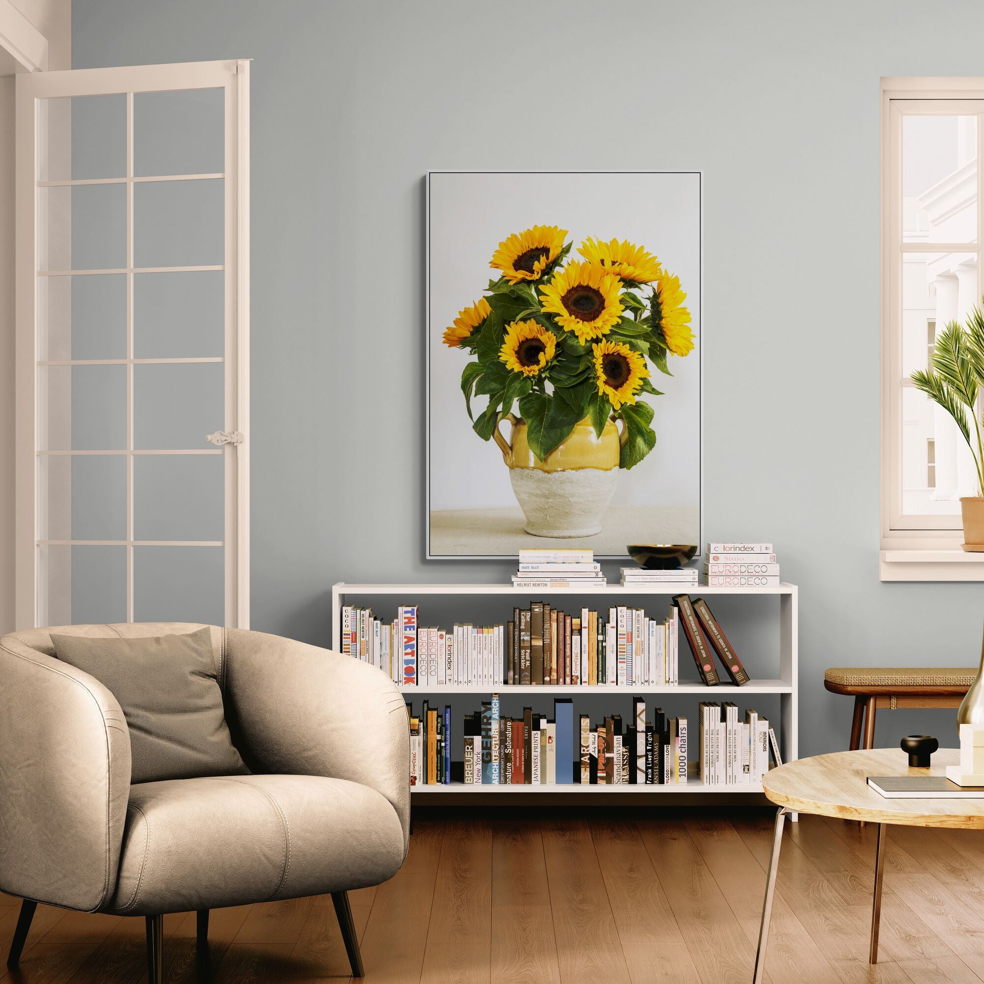 Sunflowers in an Urn Canvas Print in living room by Kirsten Clark Art