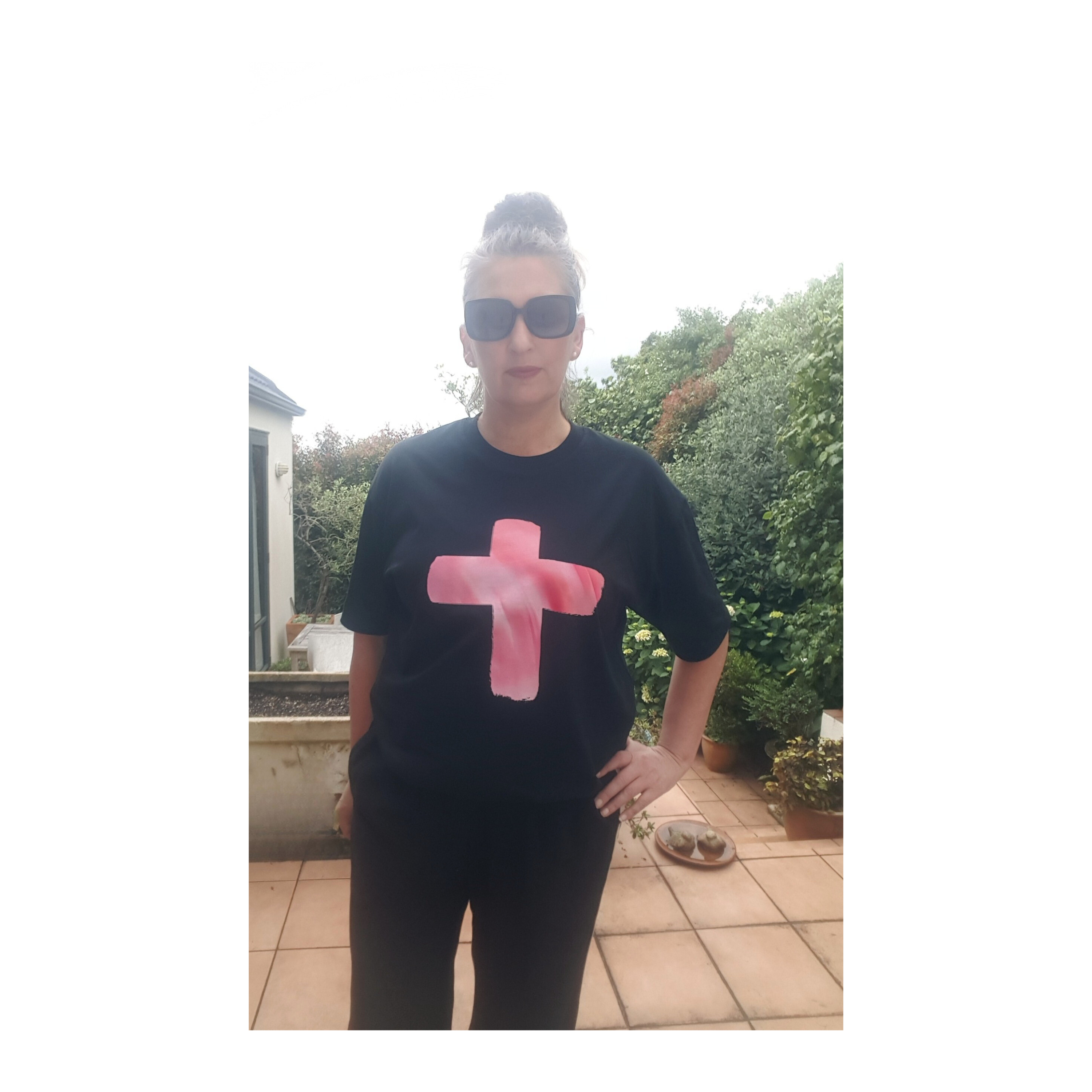 Pink Camellia Swirl Cross Oversized Tee