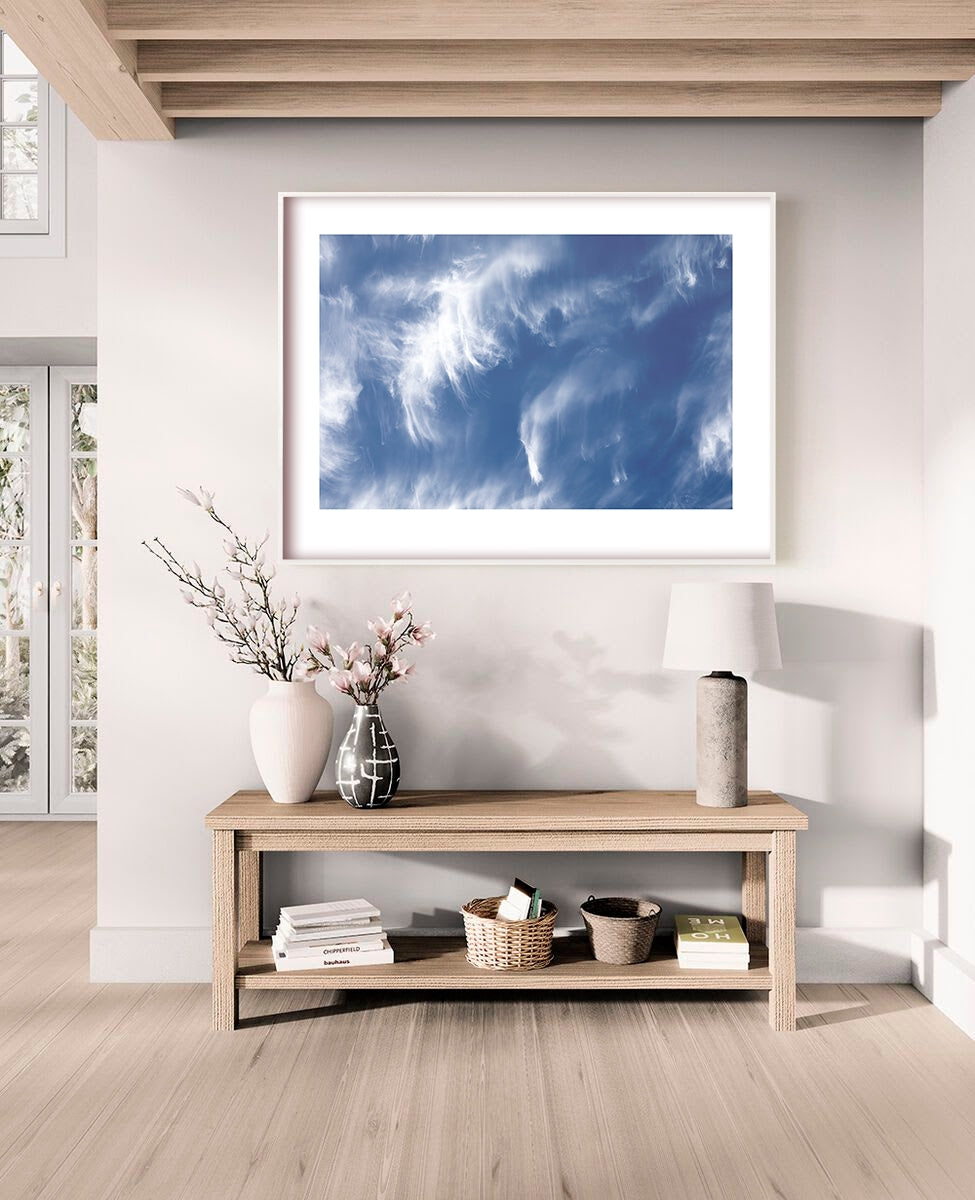 Tie-Dye Sky Framed in Room with weighed border Kirsten Clark Art