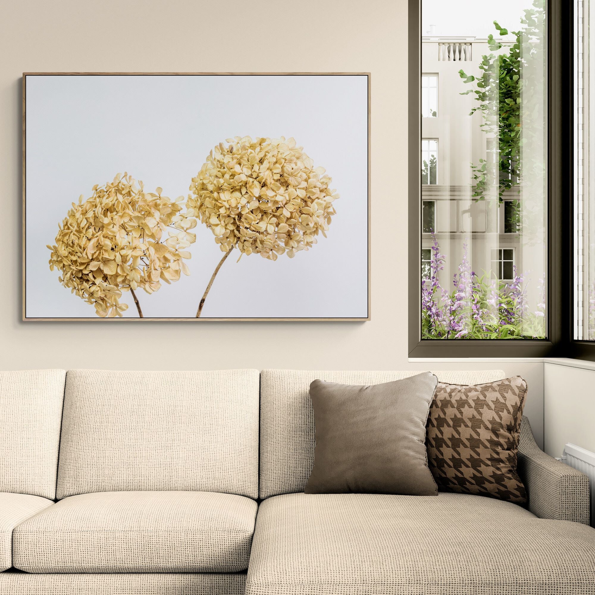 Two Dried Hydrangeas Canvas Print in living-room by Kirsten Clark Art