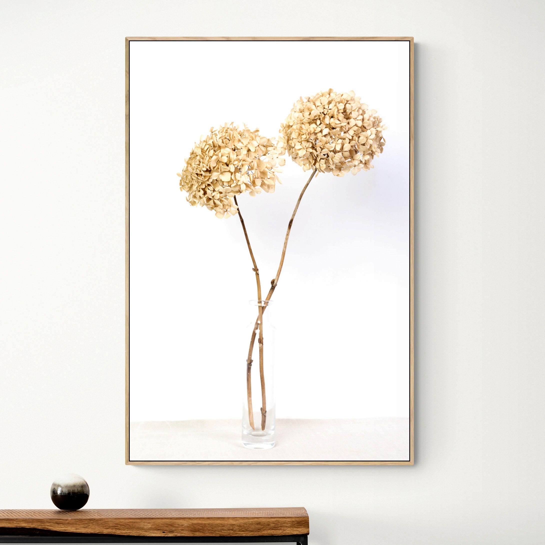 Two hydrangeas in a vase canvas print oak frame Kirsten Clark Art