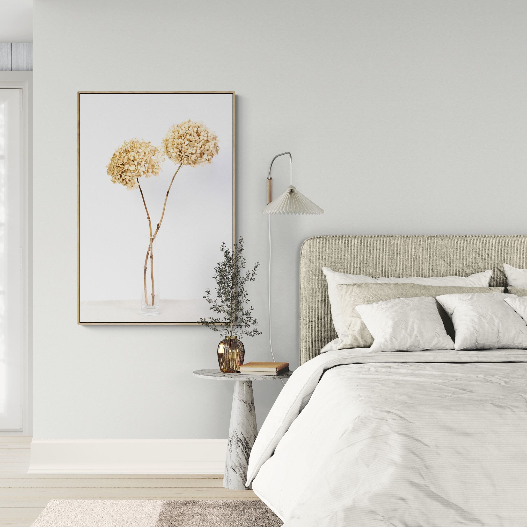 Two dried hydrangeas in vase canvas print oak frame by kirsten clark art