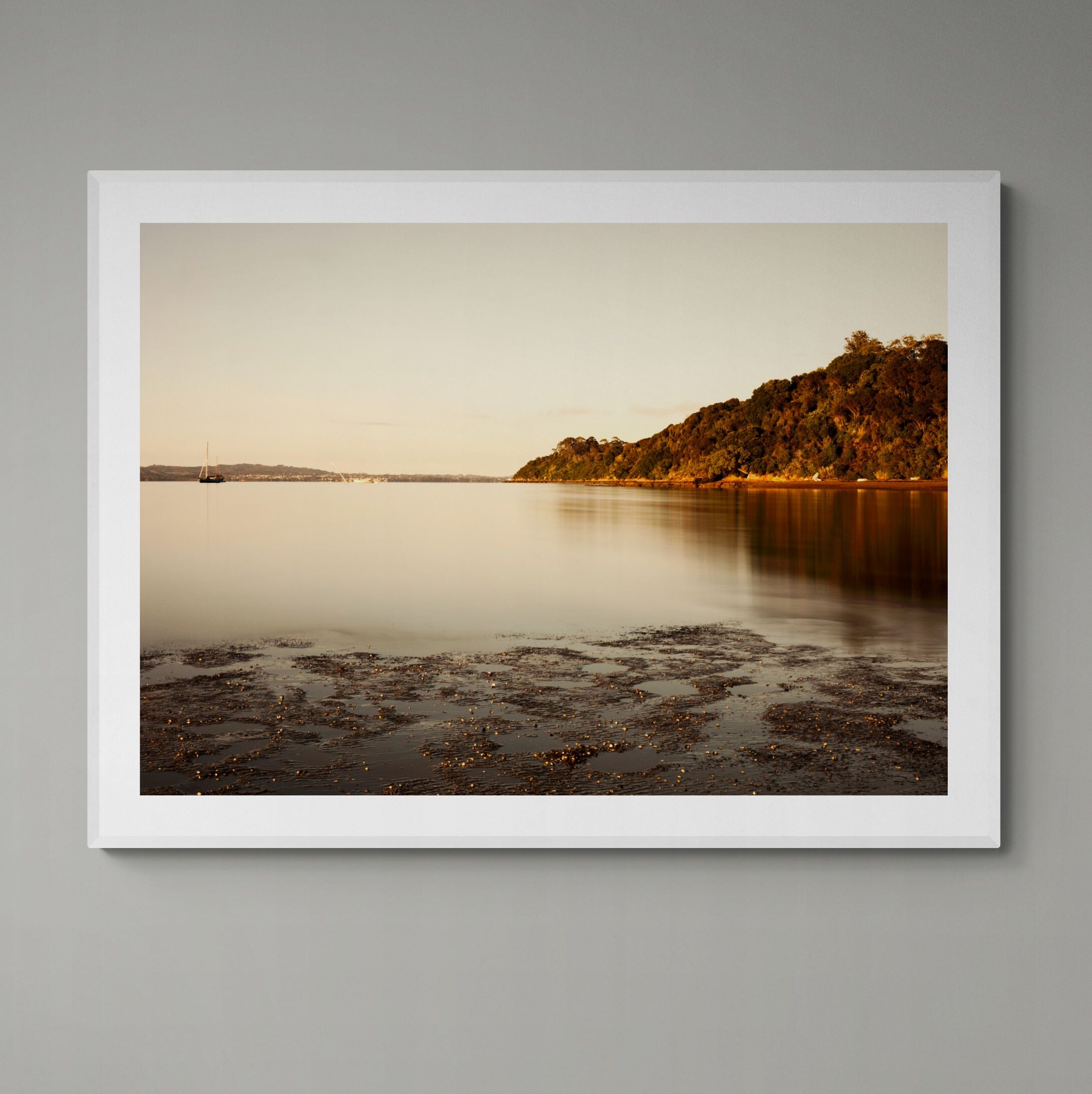 Waiheke Blackpool Beach print framed on the wall by Kirsten Clark Art