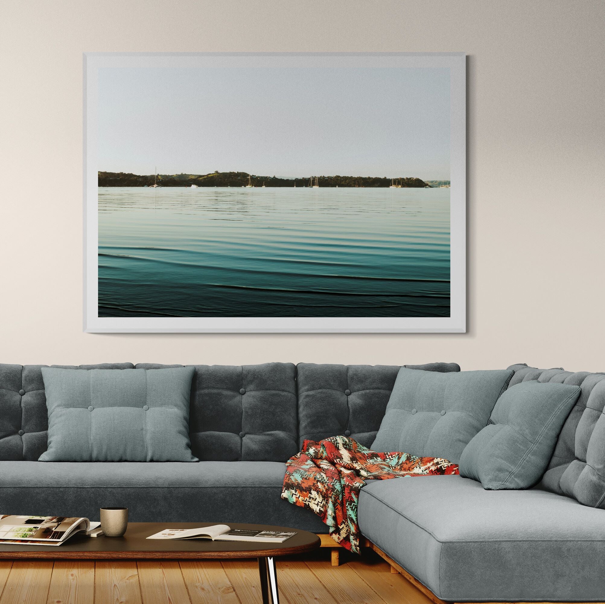 Waiheke Blackpool beach print in living-area by Kirsten Clark Art