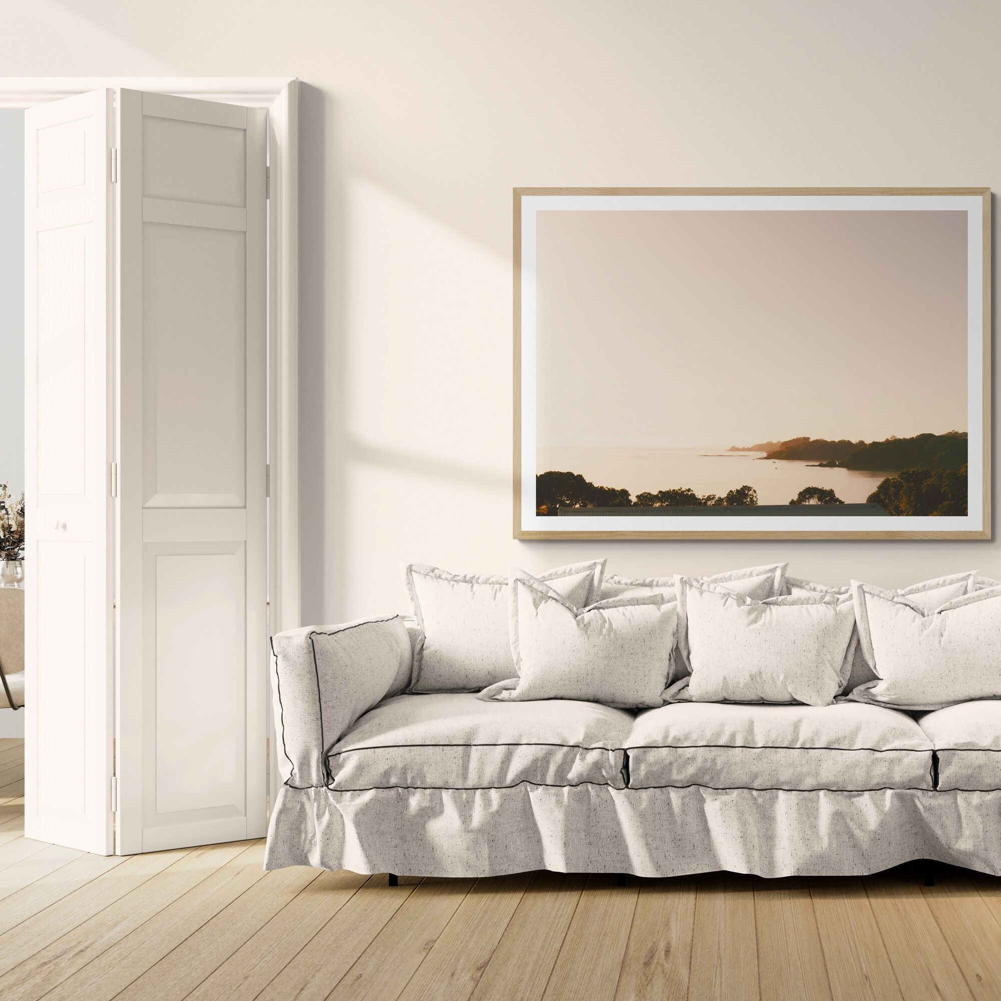 waiheke view from oneroa print in living-room by Kirsten Clark art