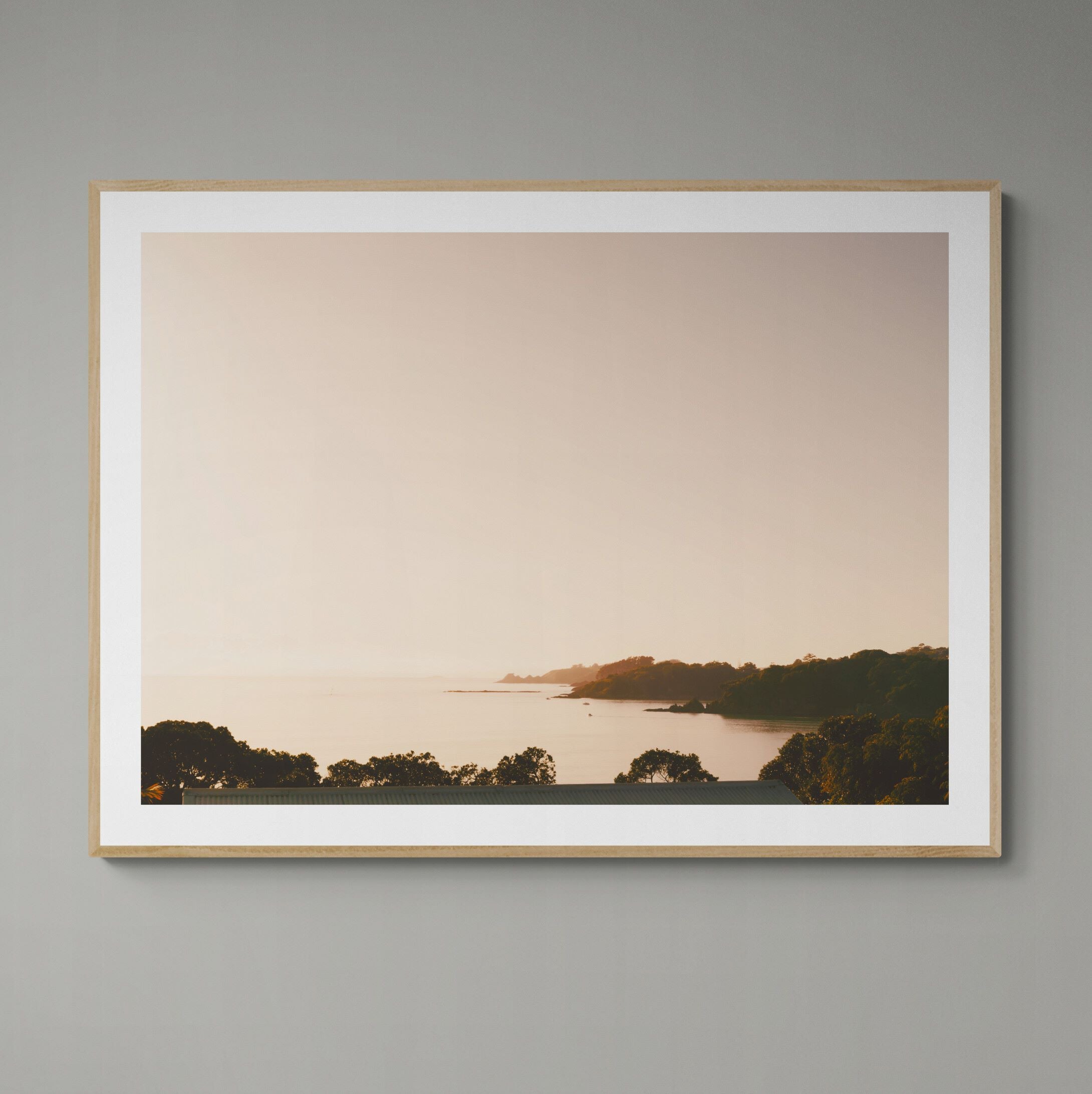 Waiheke a view from oneroa print framed on the wall by Kirsten Clark Art