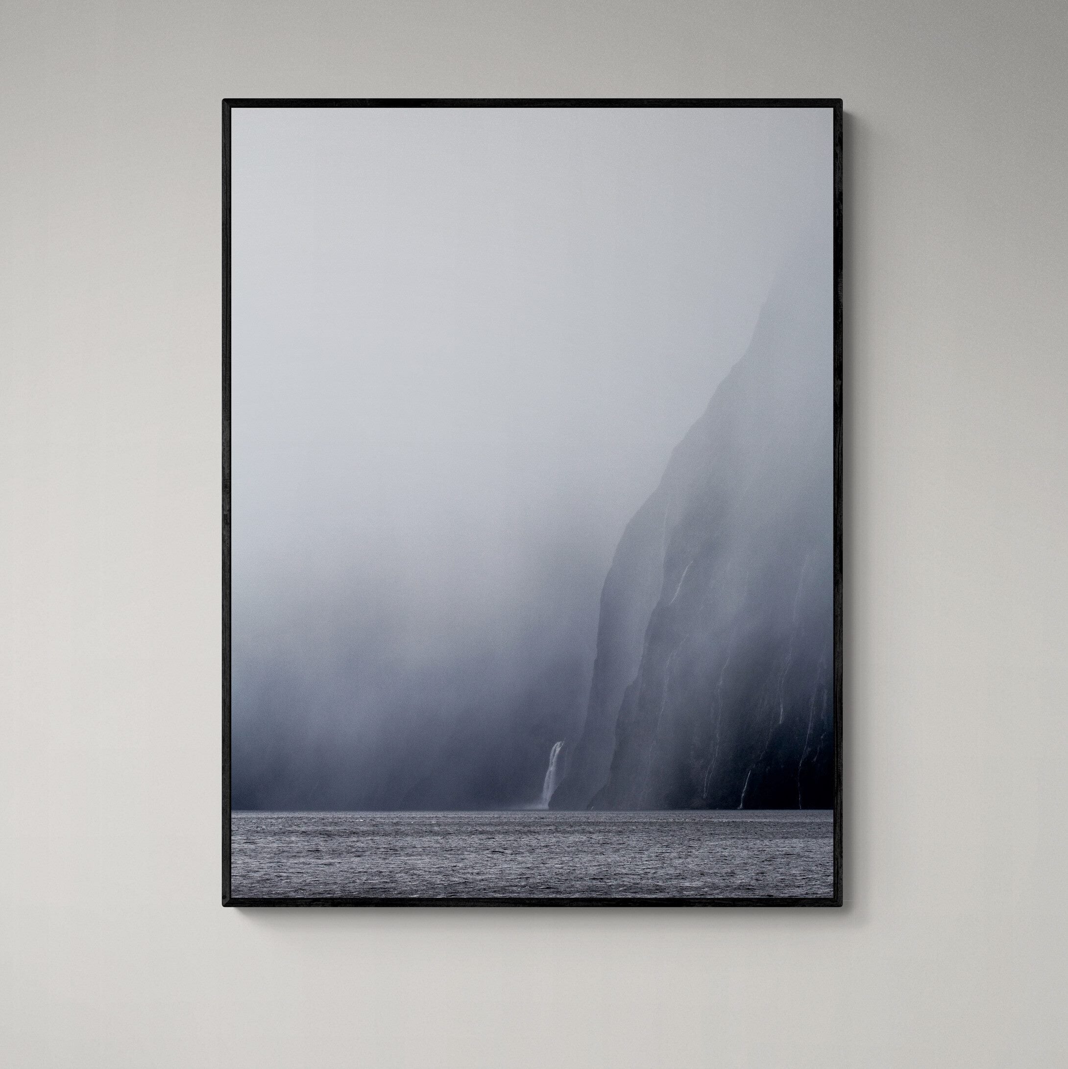 Milford Sound Mist Waterfall Canvas Print black frame by Kirsten Clark art