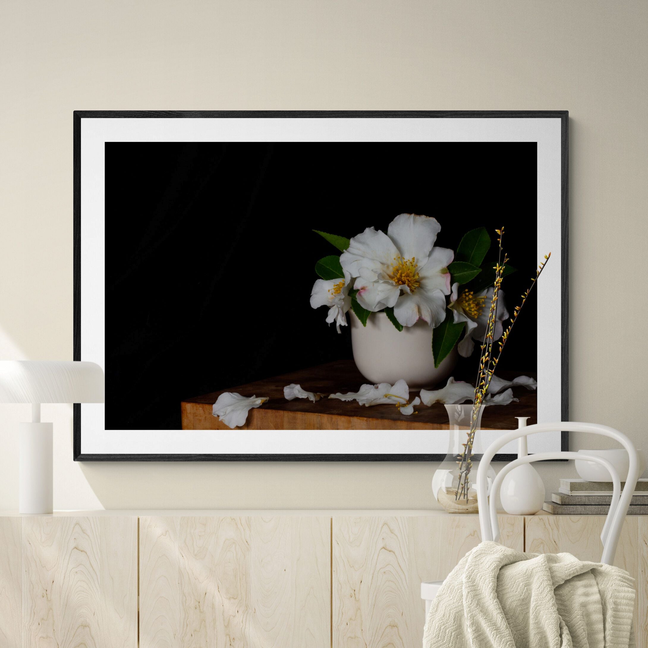 White Camellias print above console by Kirsten Clark Art