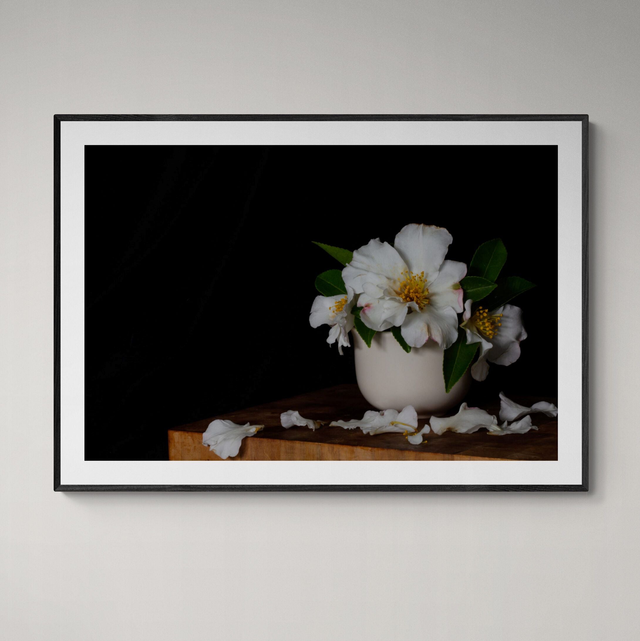 White Camellias print with black frame on wall by Kirsten Clark Art