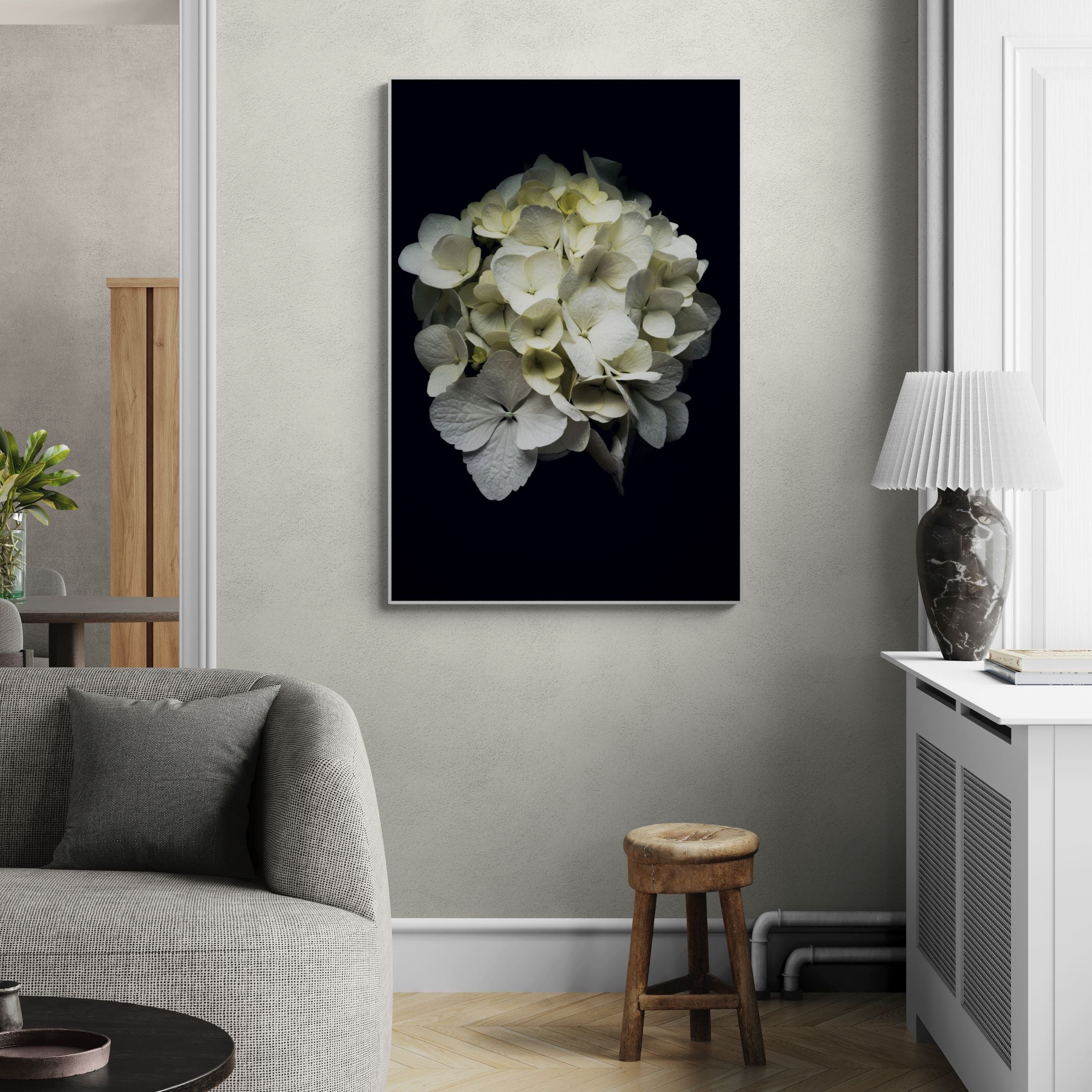 White Hydrangea Canvas Print on wal in Living room