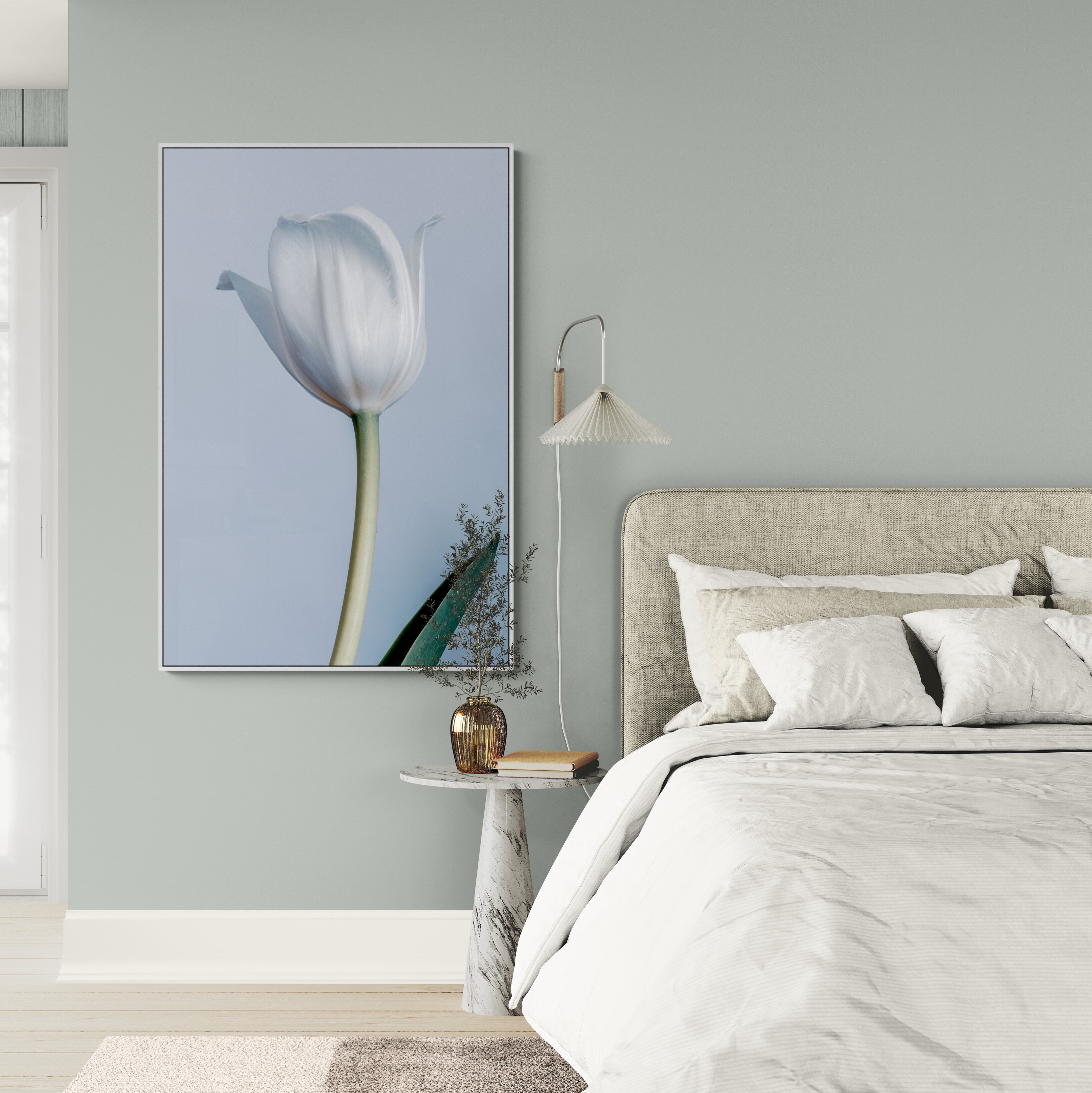 White tulip canvas in a calm bedroom-web