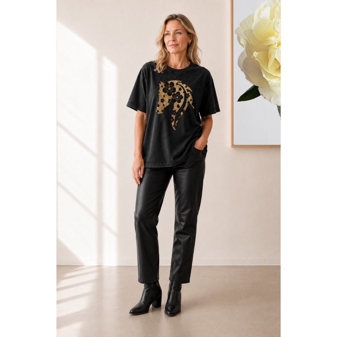 Golden Horse & Floral Tee - Vintage Wash