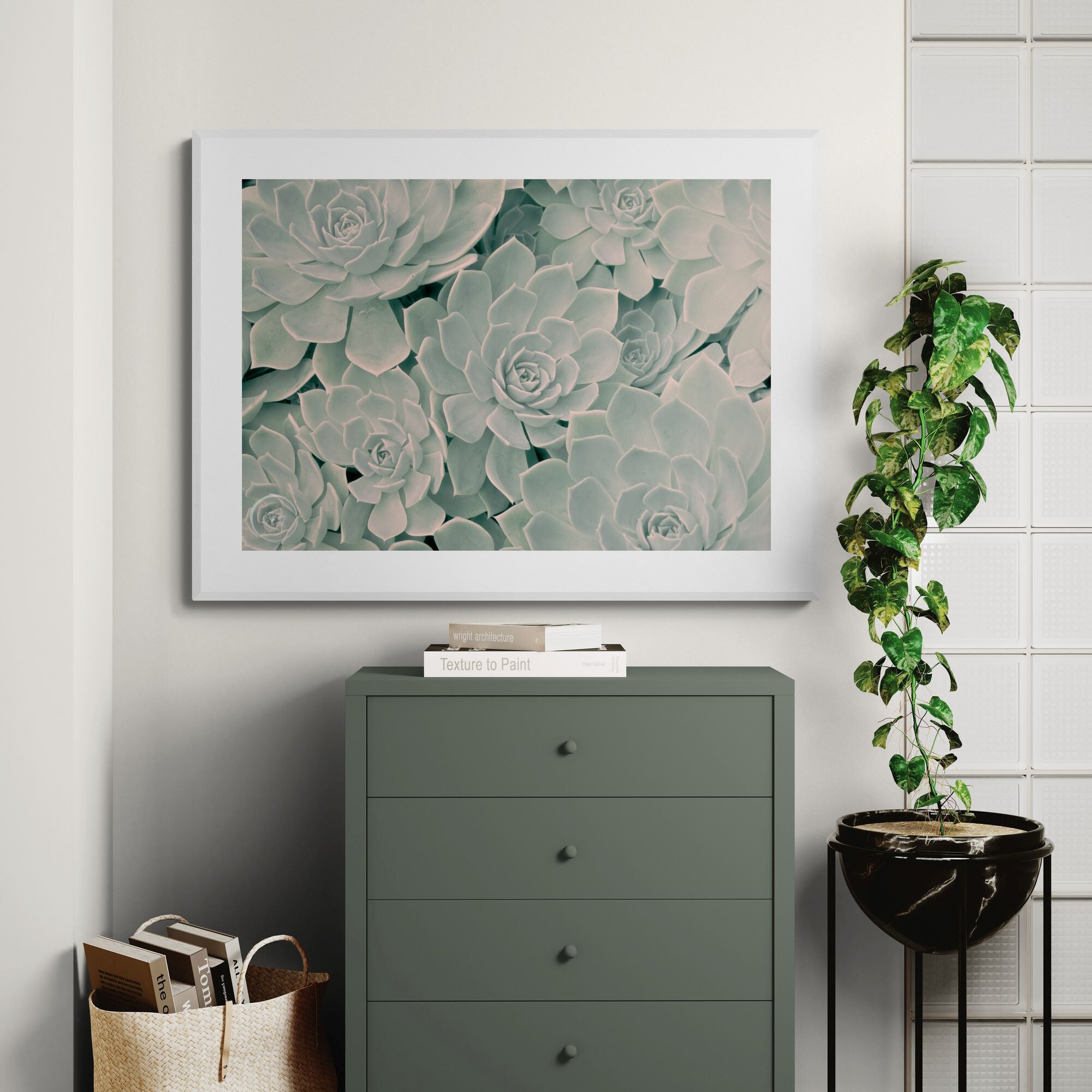 calm_succulents_print_in_home_interior by Kirsten Clark Art