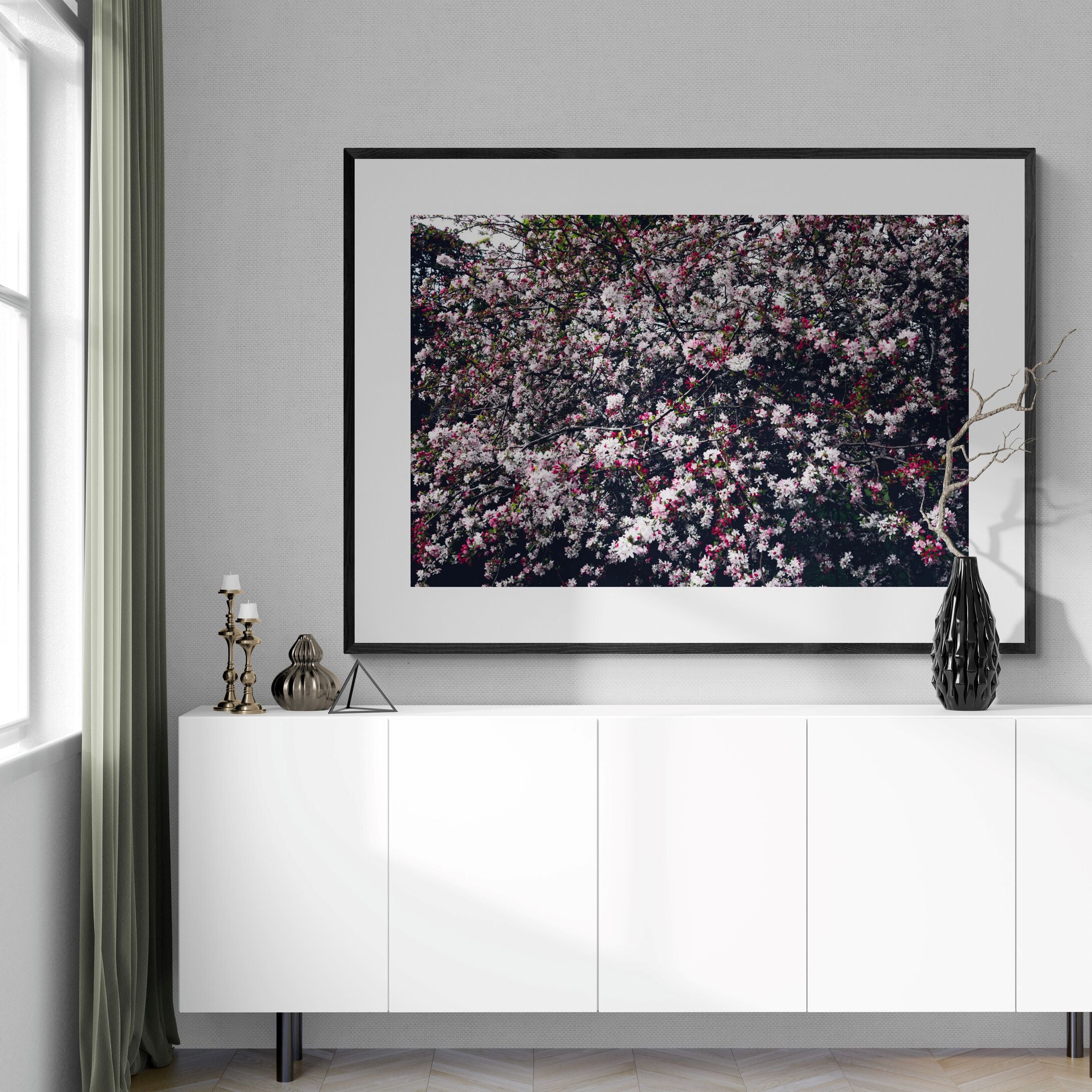 churchyard blossom tree print above white white-cabinet by Kirsten Clark Art