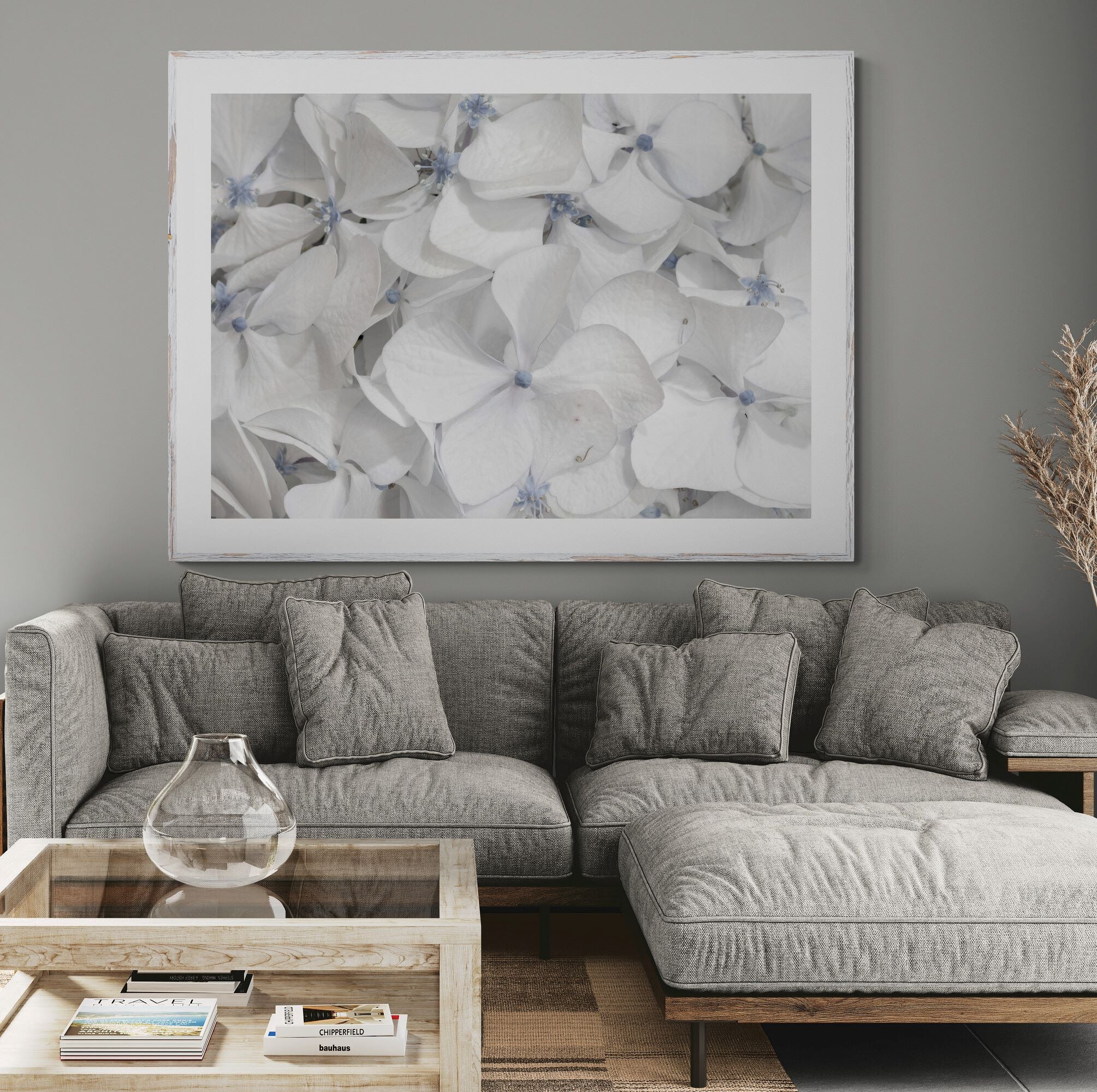 cool summer whites hydrangea print in living-room by Kirsten Clark Art