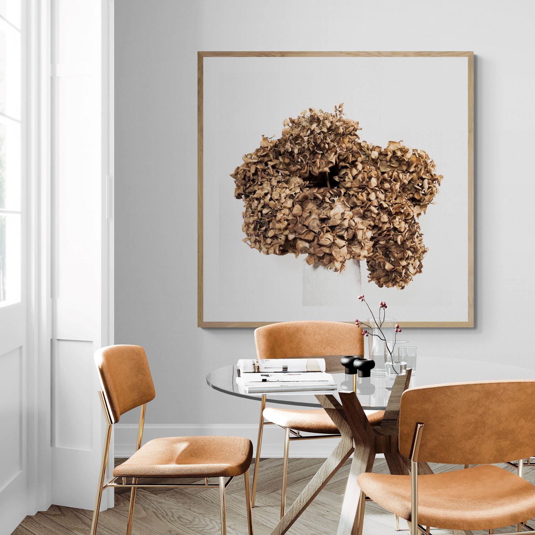 dried hydrangea fine art print in contemporary dining area by Kirsten Clark Art