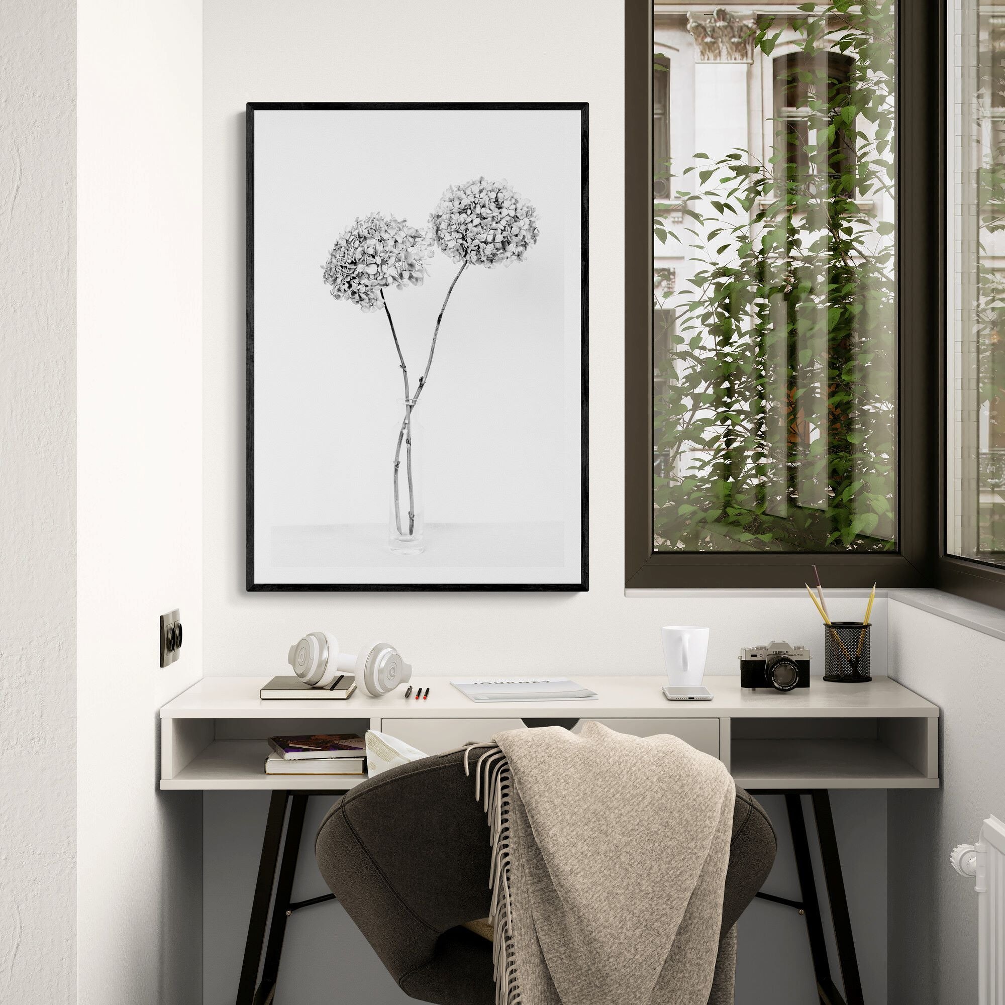 dried hydrangeas in a vase black and white print in home-office by Kirsten Clark Art