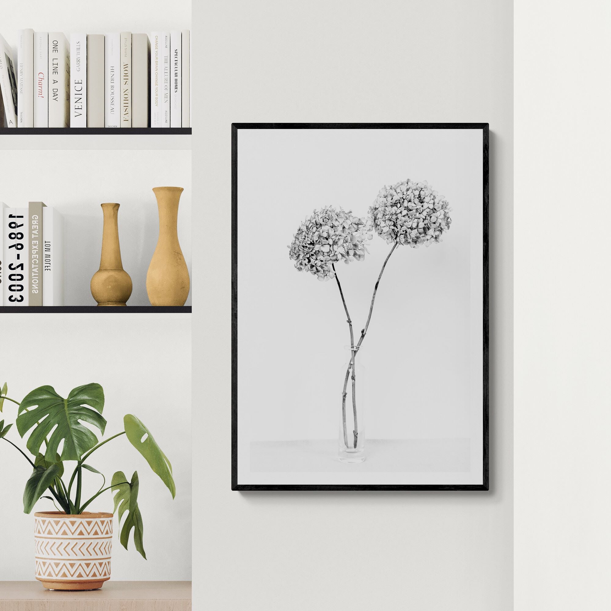 dried hydrangeas in a vase black and white print in living-room with shelves by Kirsten Clark Art
