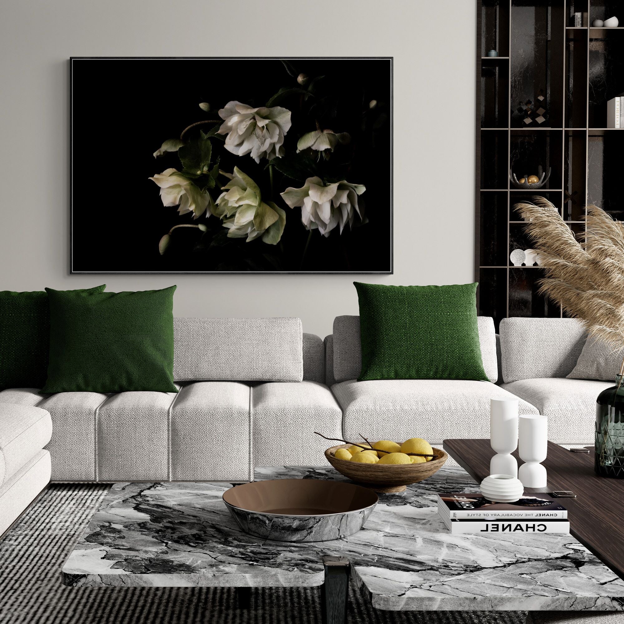 hellebore_winter_rose_canvas_print_in_modern-living-room by Kirsten Clark Art
