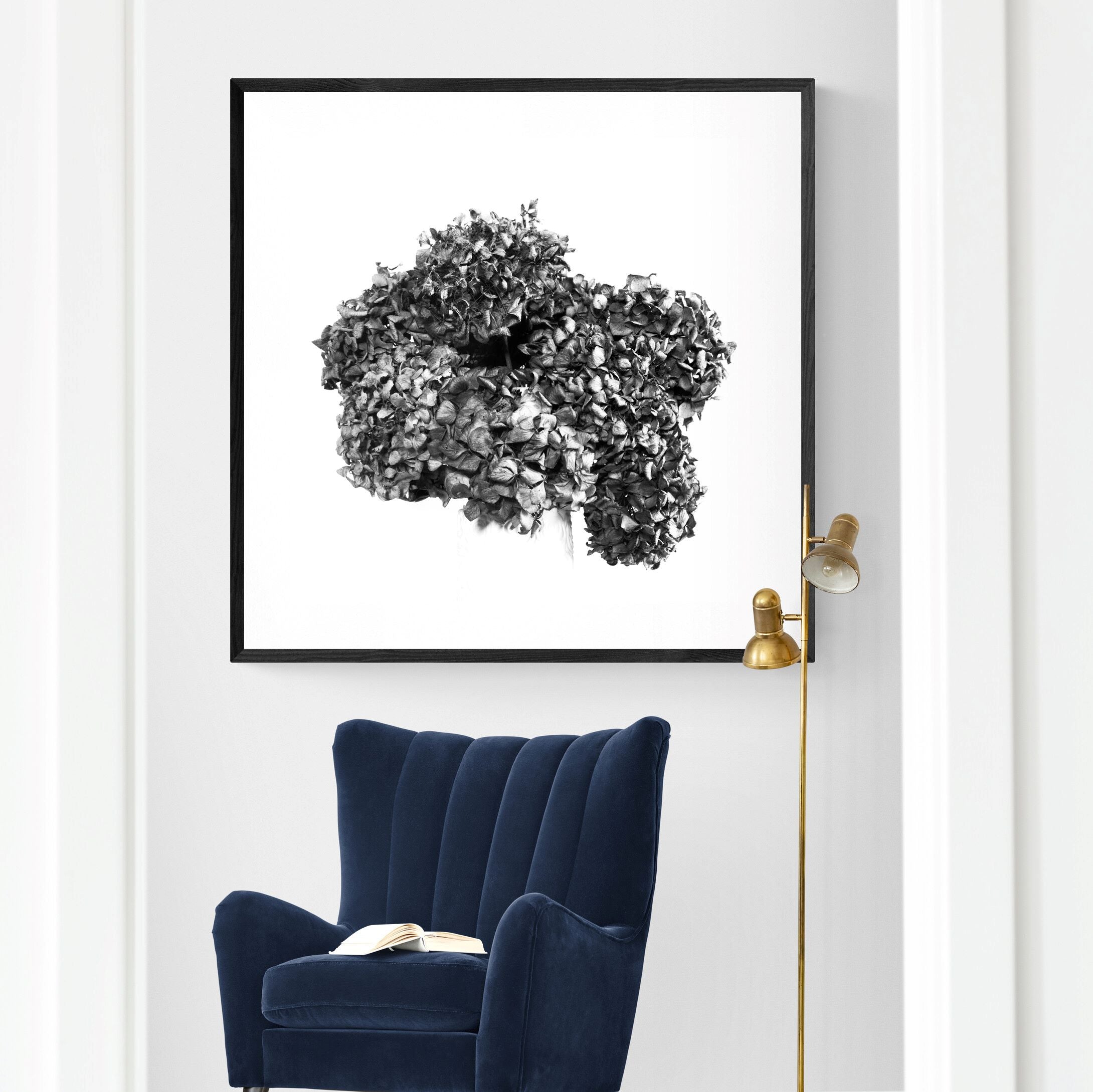 black and white dried hydrangea fine art print in contemporary lounge corner by Kirsten Clark Art