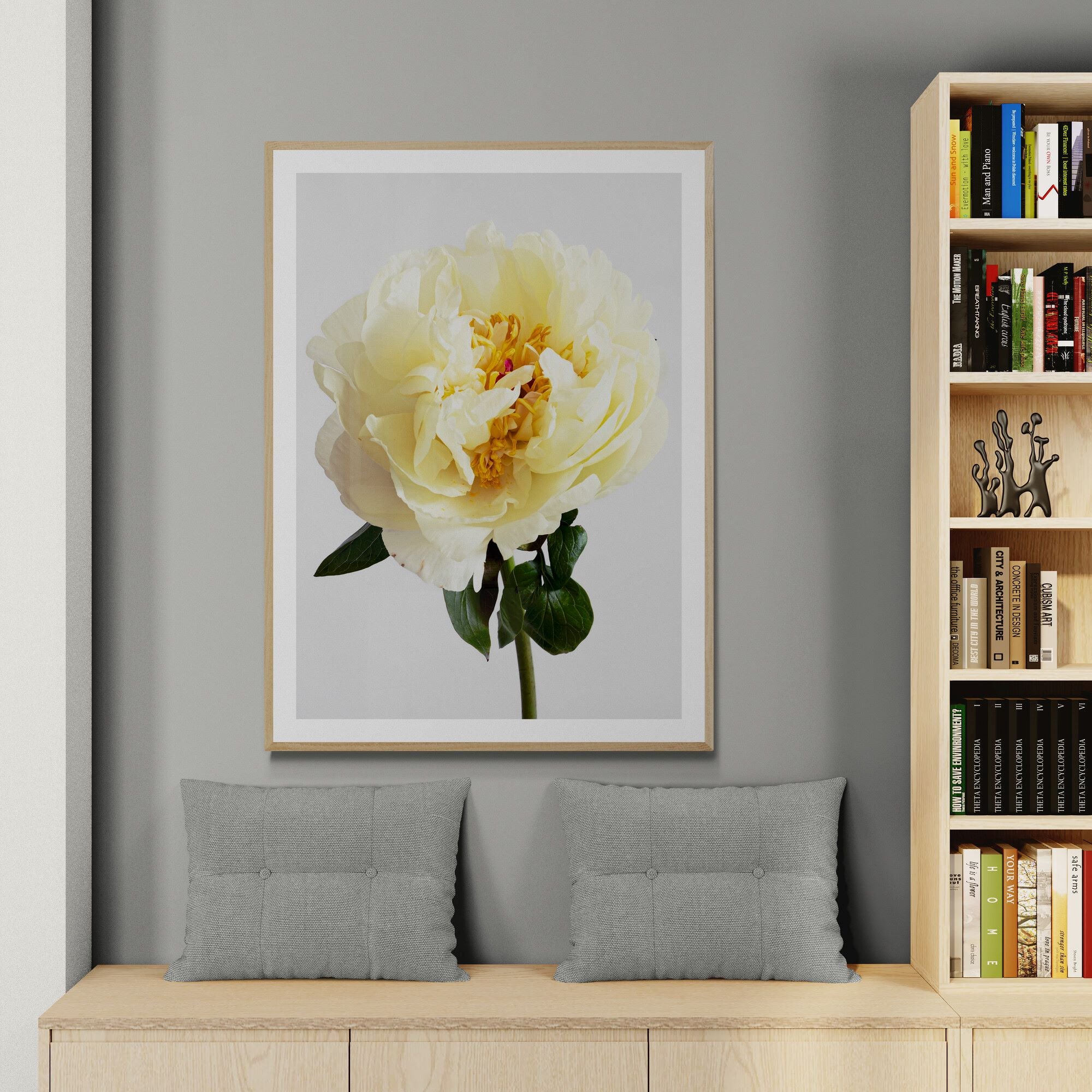 lemon_chiffon_2_peony_print_in_living_area_with_bookcase by Kirsten Clark Art