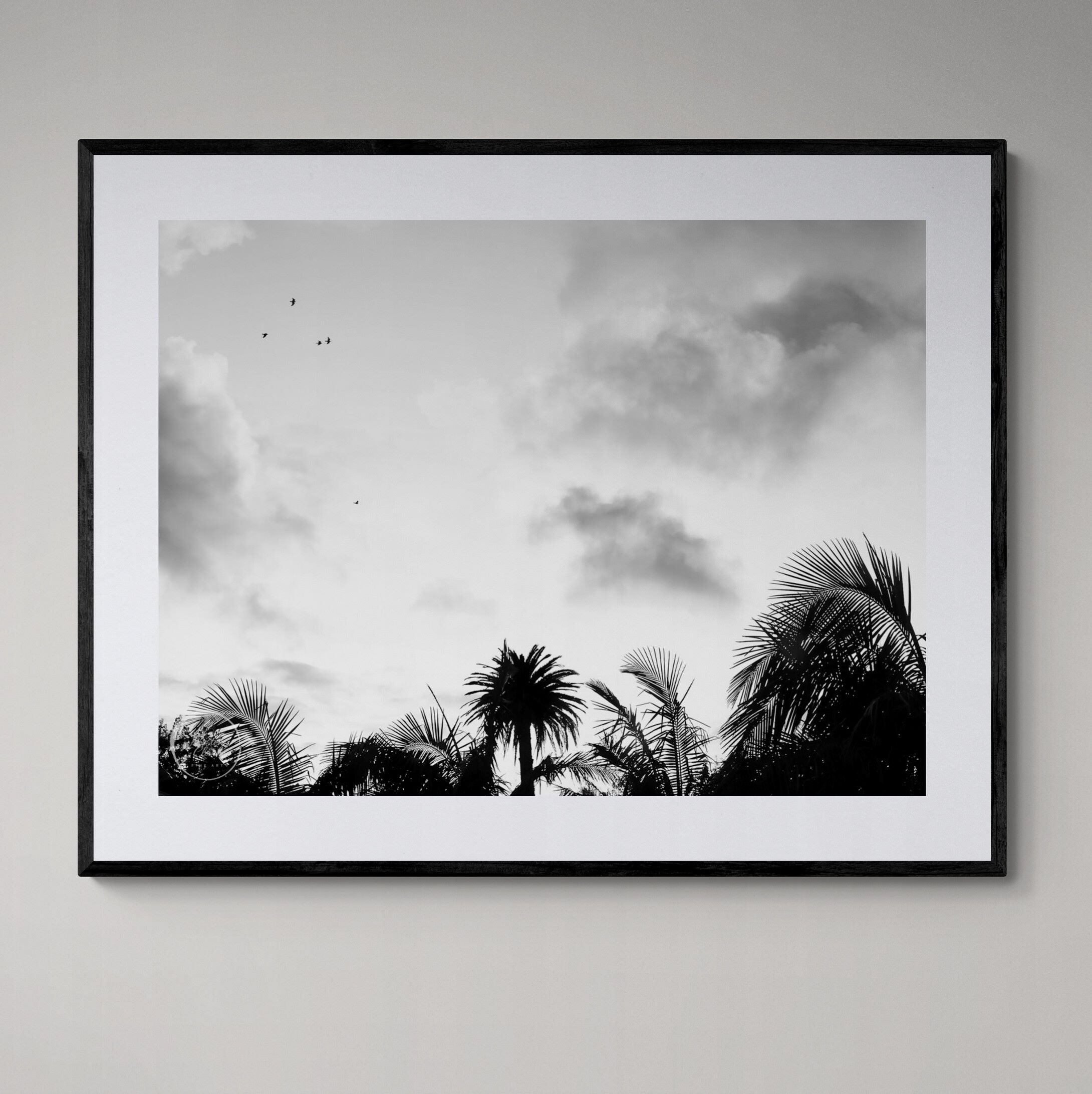 morning bird flight over palms print framed on wall by Kirsten Clark Art