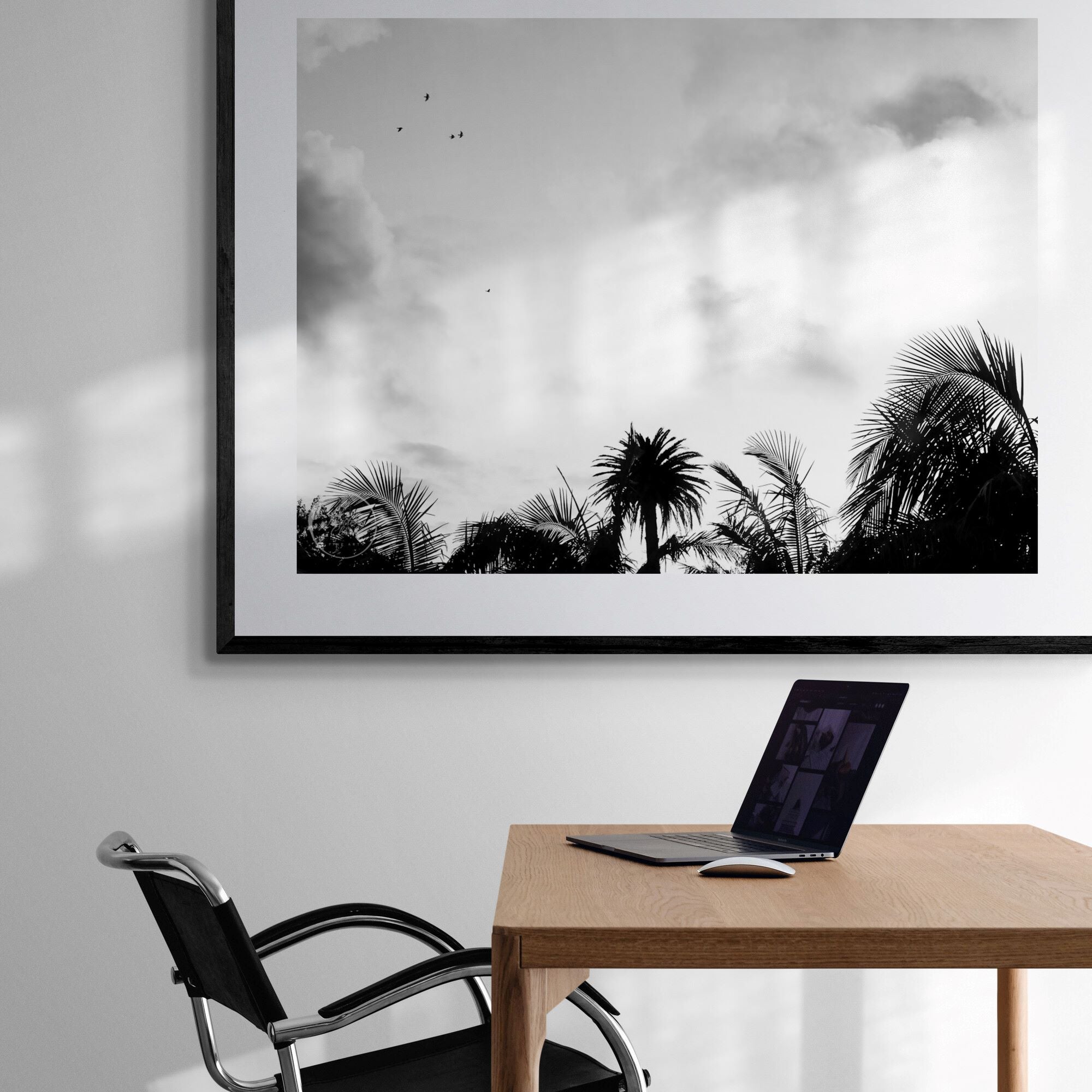 morning bird flight over palms print in study by Kirsten Clark Art