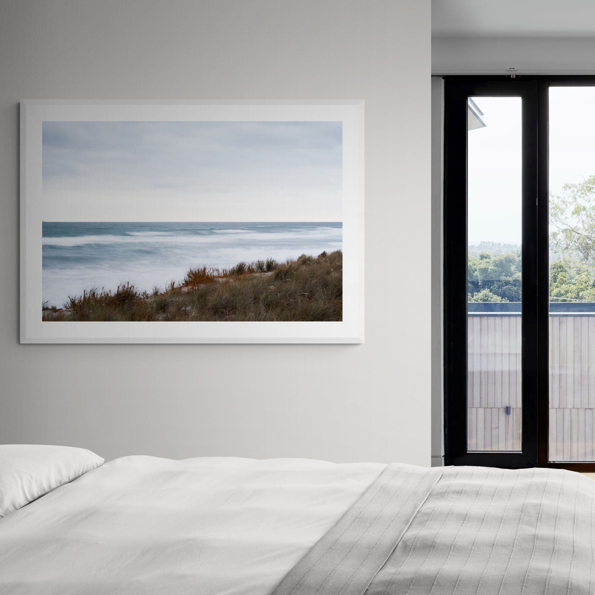 papamoa beach from the dunes print in modern-apartment-bedroom by Kirsten Clark Art