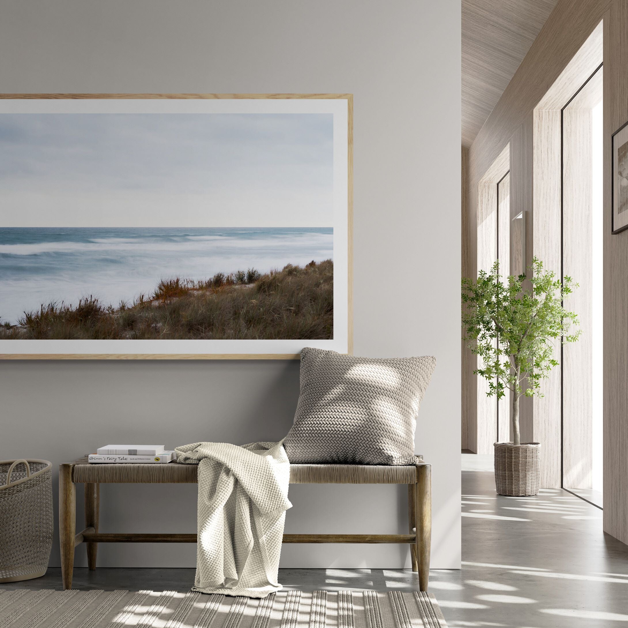 papamoa beach from the dunes print on feature-wall-in-hallway by Kirsten Clark Art