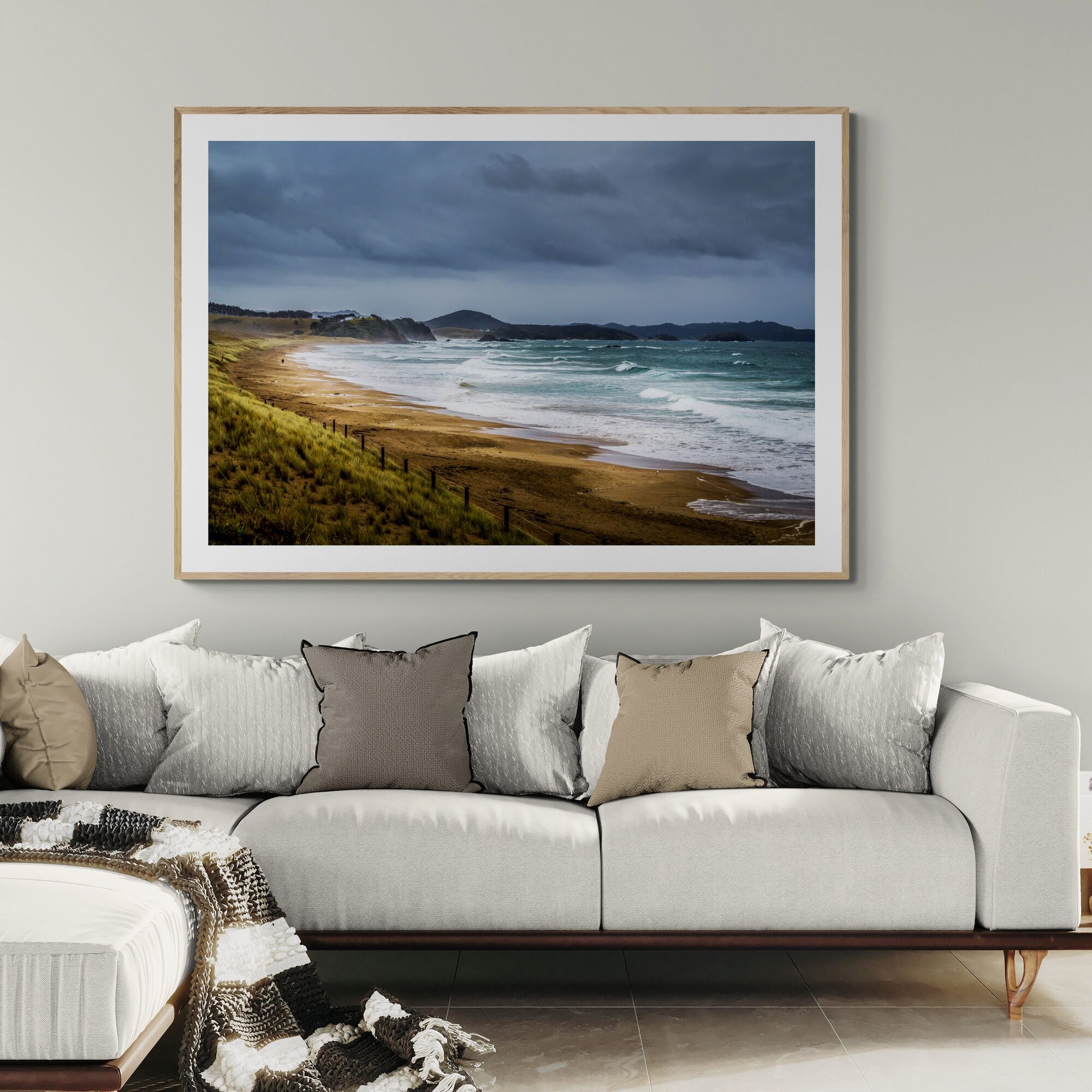 pataua north beach print in living room by Kirsten Clark Art