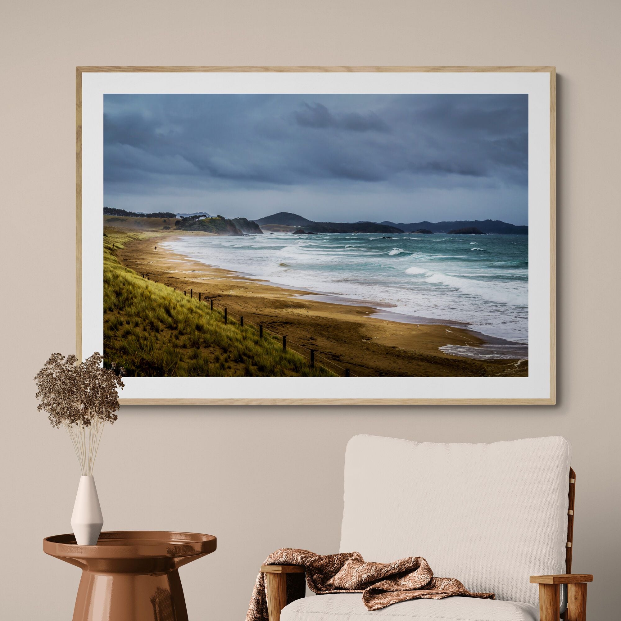 pataua_north_beach_print_in_living_area by Kirsten Clark Art