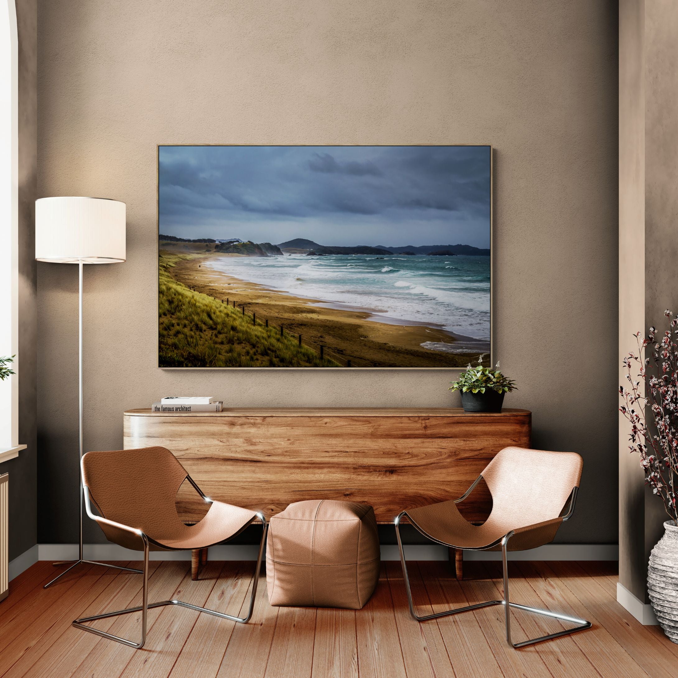 pataua north beach canvas print oak frame on wall above console
