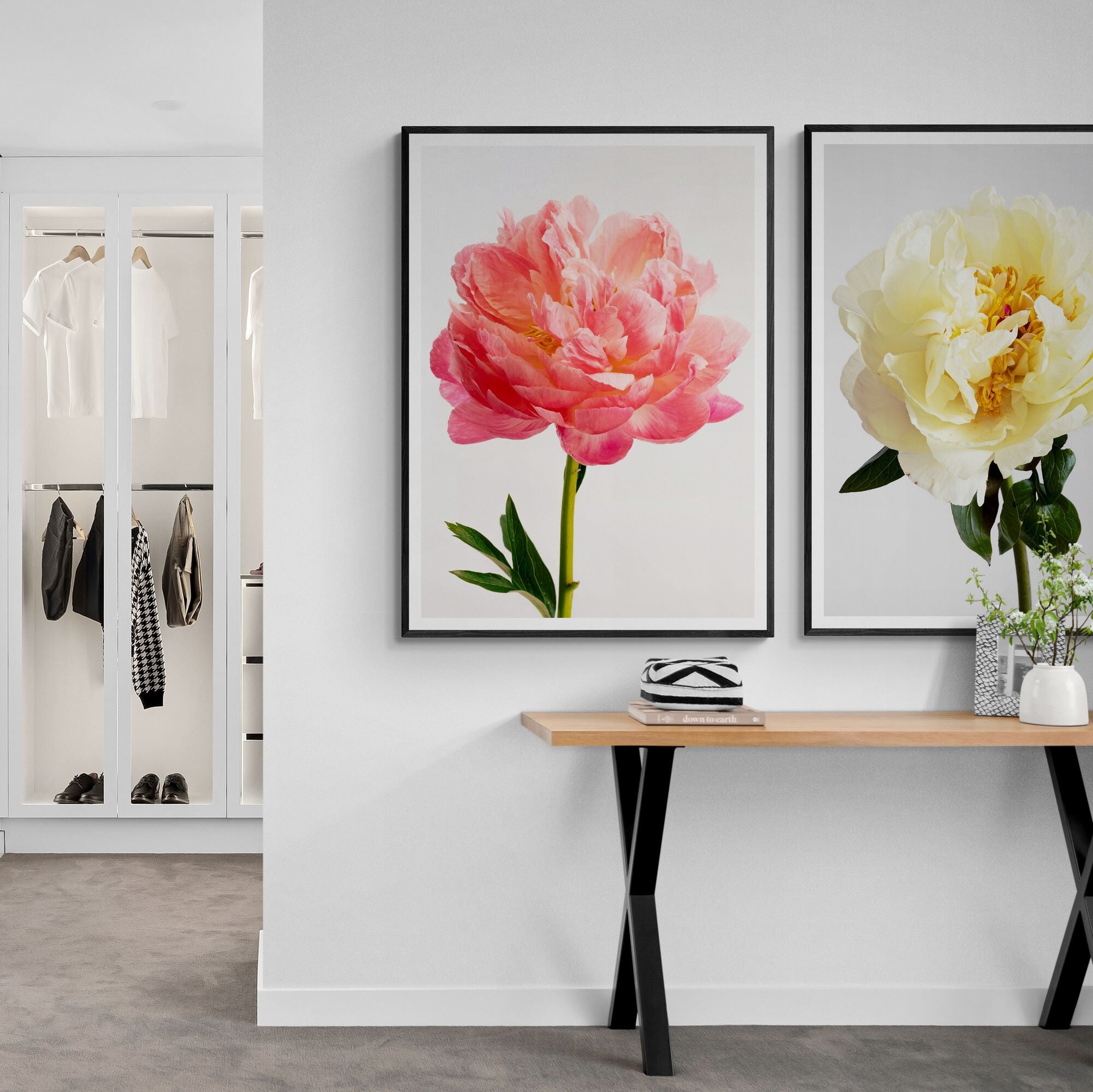 pink and yellow peonies in bedroom by Kirsten Clark Art