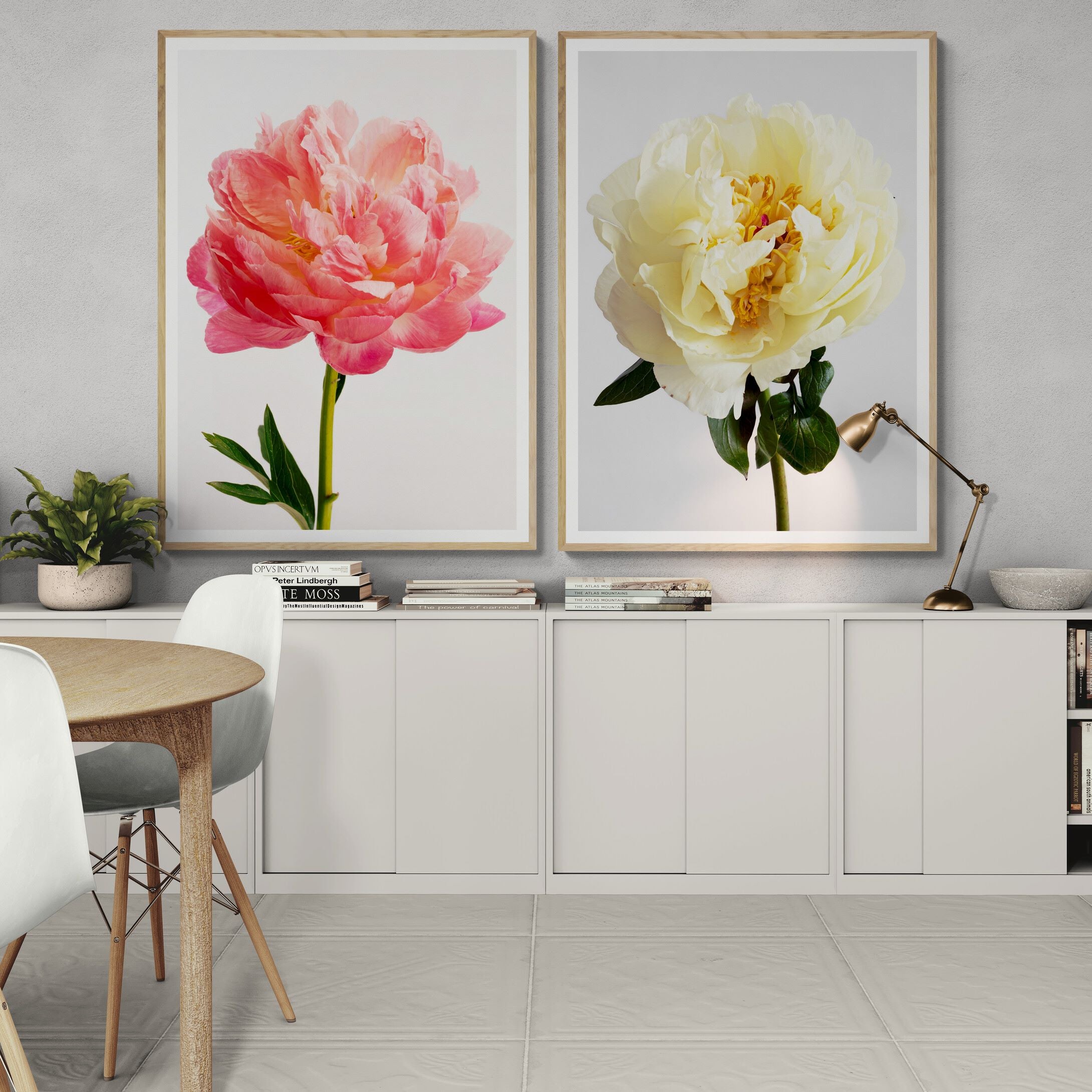 pink and yellow peony prints in dining-area by Kirsten Clark Art