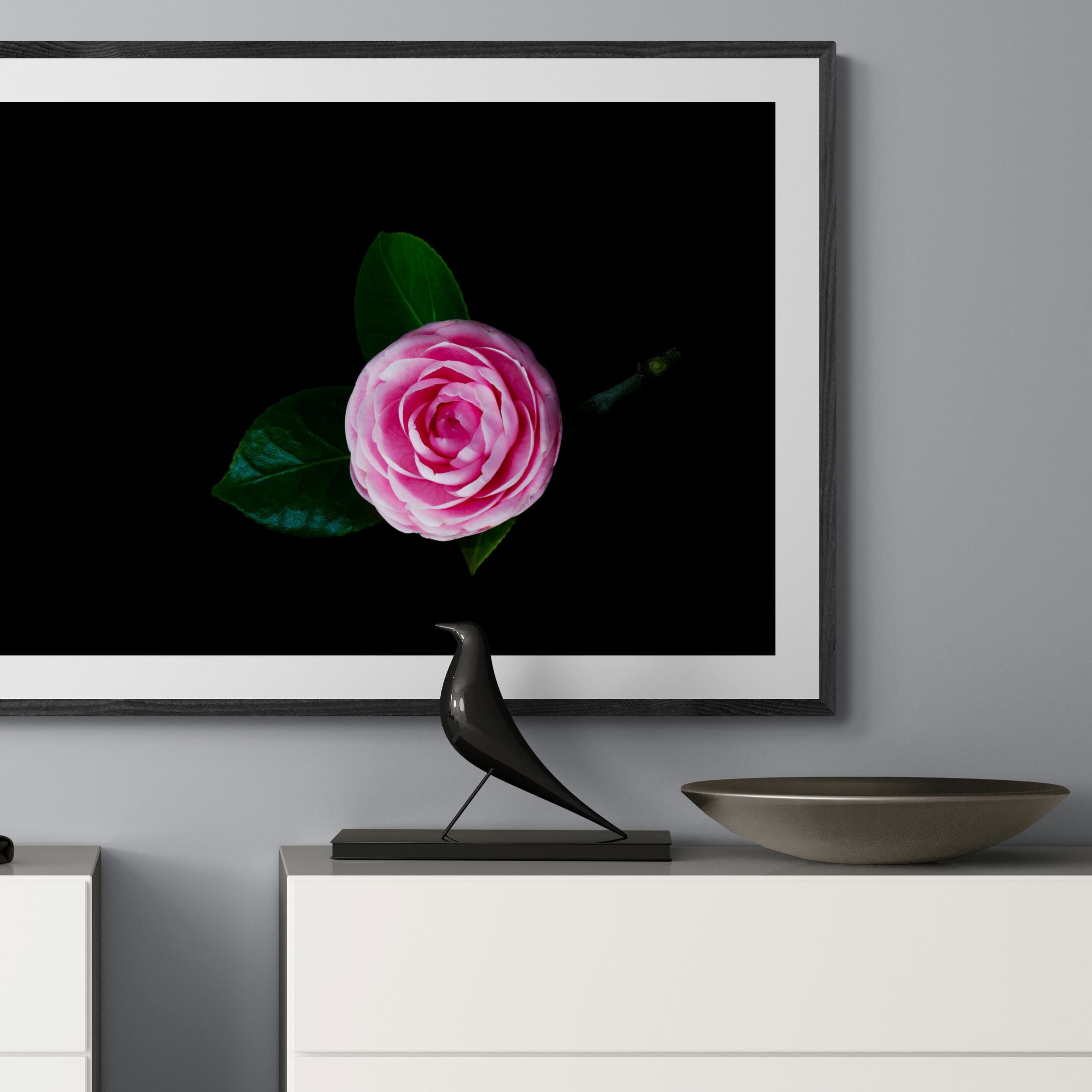 pink camellia print in above cabinet by Kirsten Clark Art