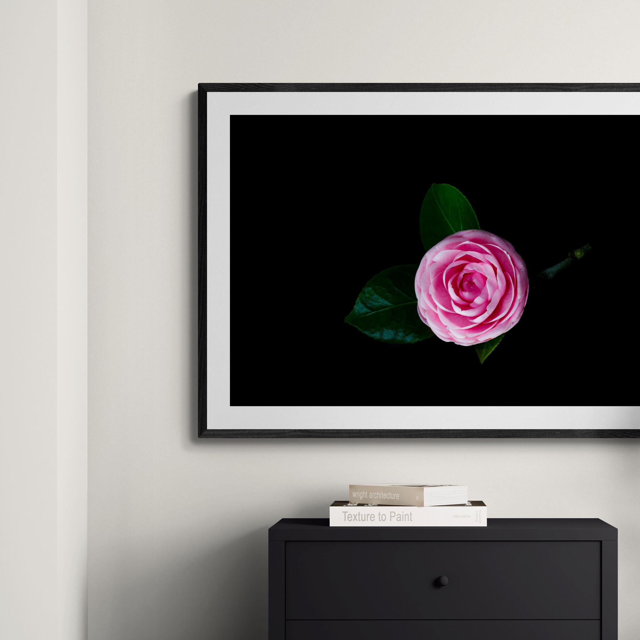 pink_camellia_print_in_room_above_chest-of-drawers by Kirsten Clark Art