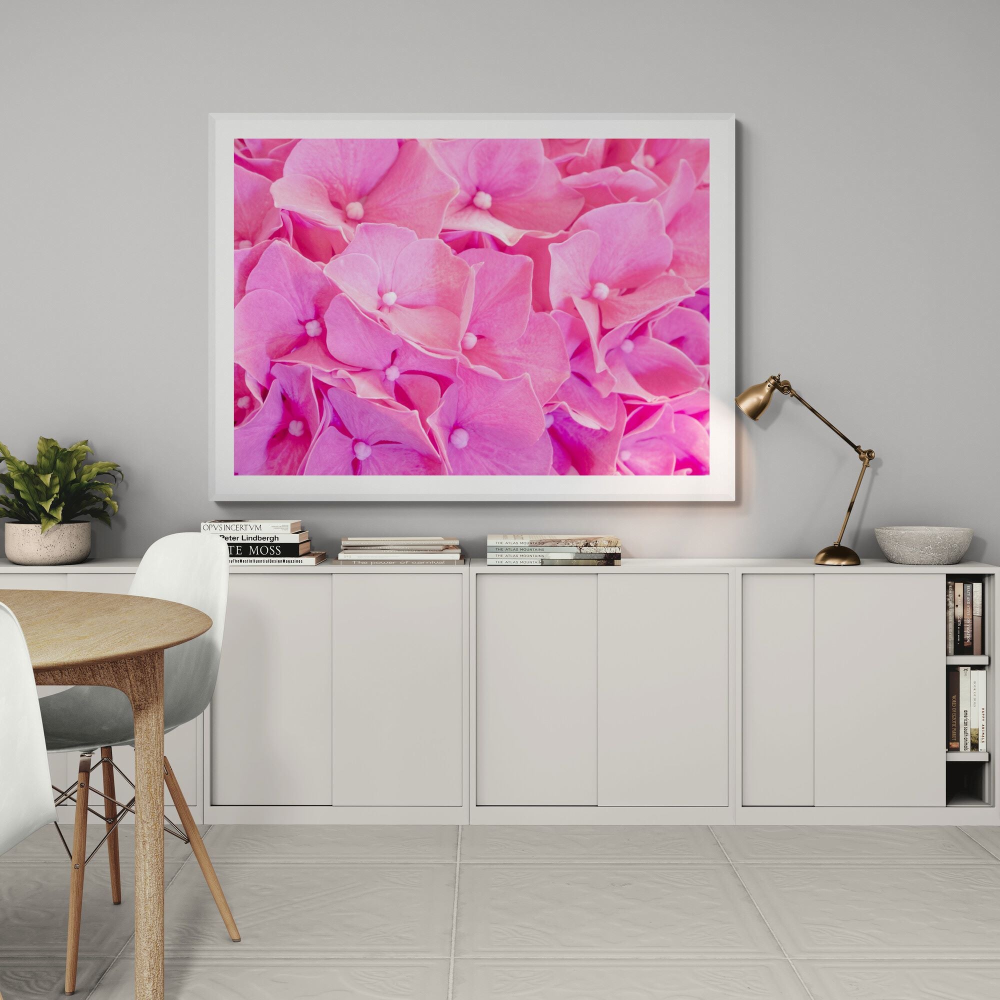 Pink_hydrangea_Print_in_dining-area-above_cabinet by Kirsten Clark 