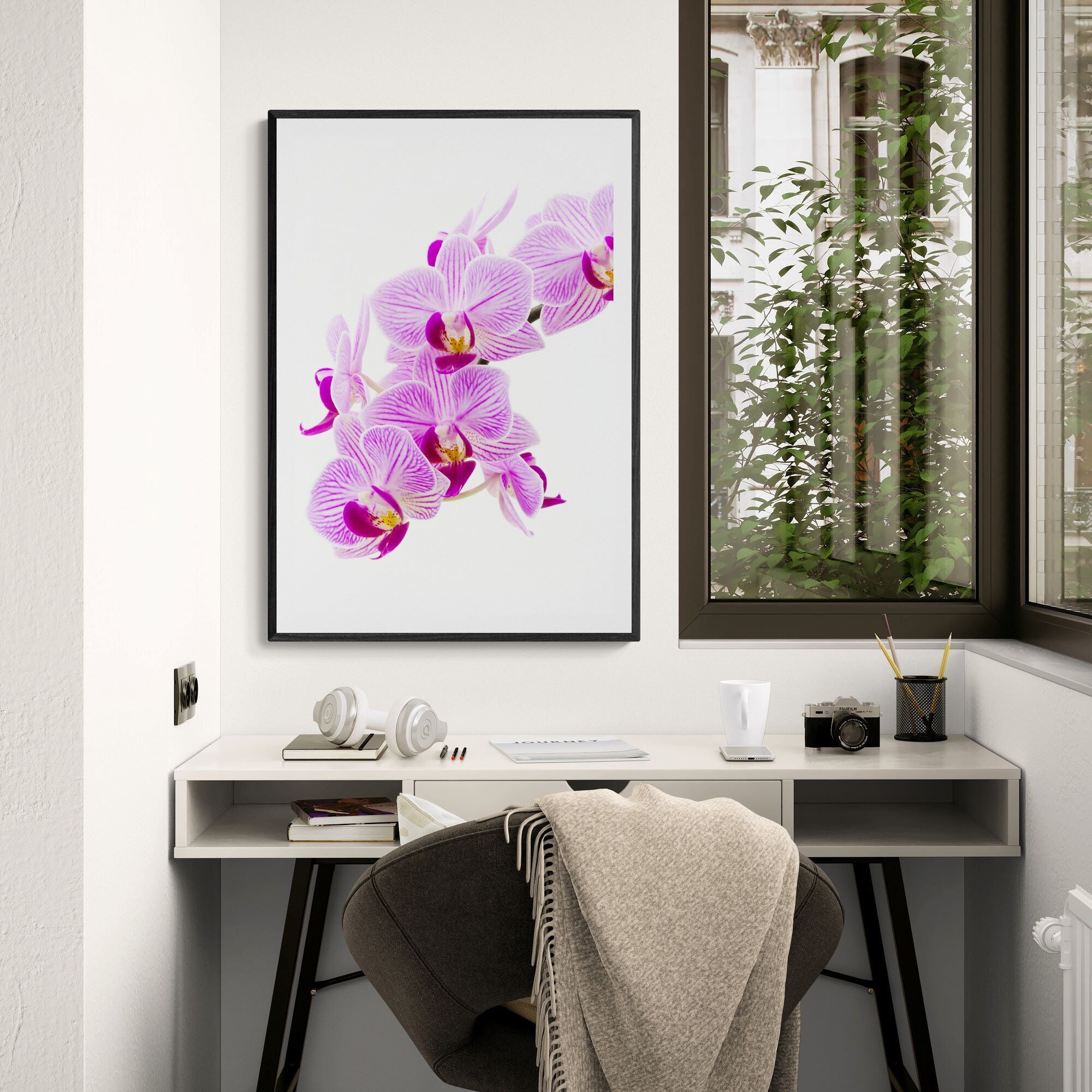 pink orchid print in home-office by Kirsten Clark Art